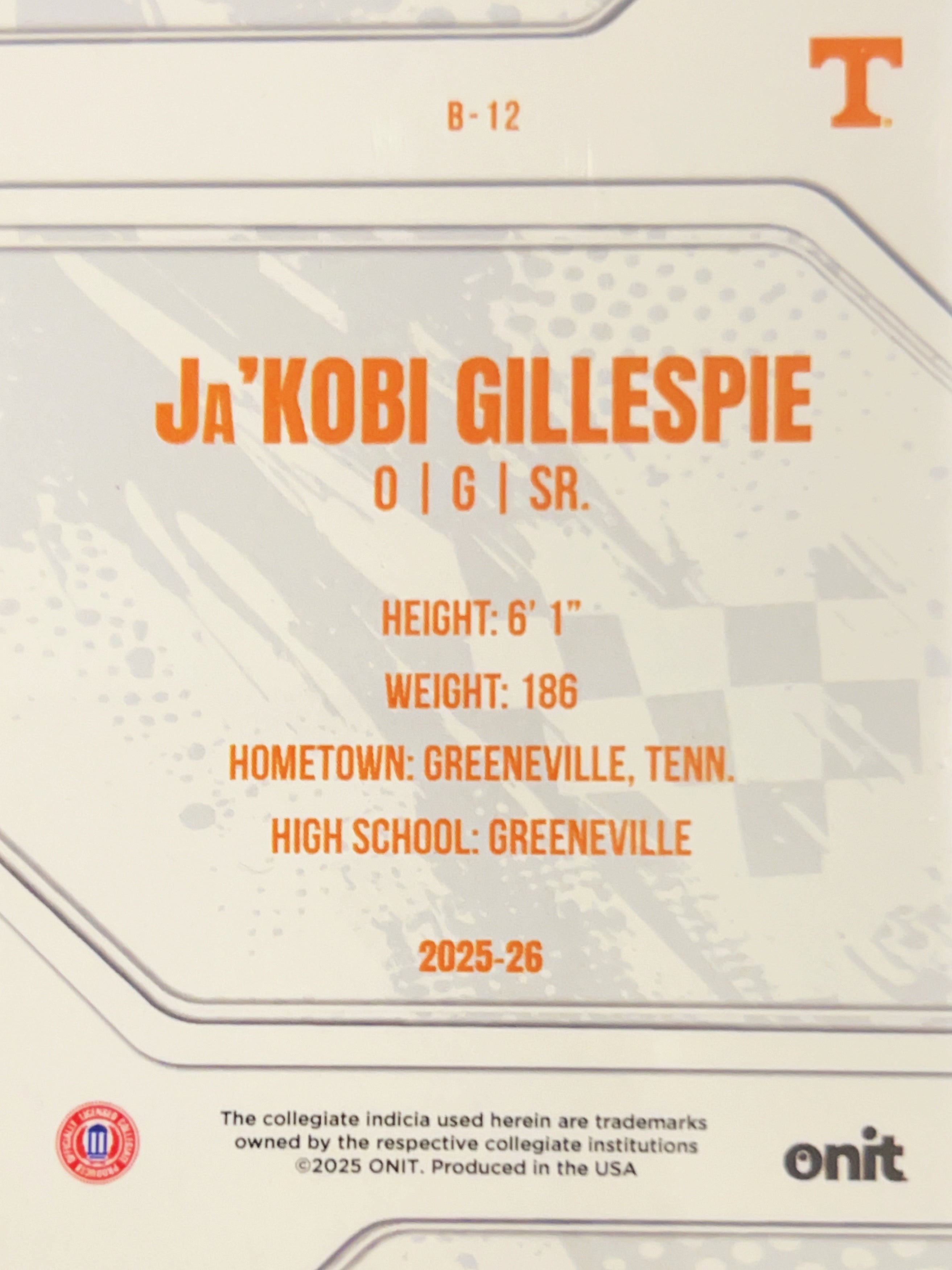 2025 ONIT Tennessee Basketball Ja'Kobi Gillespie #B-12
