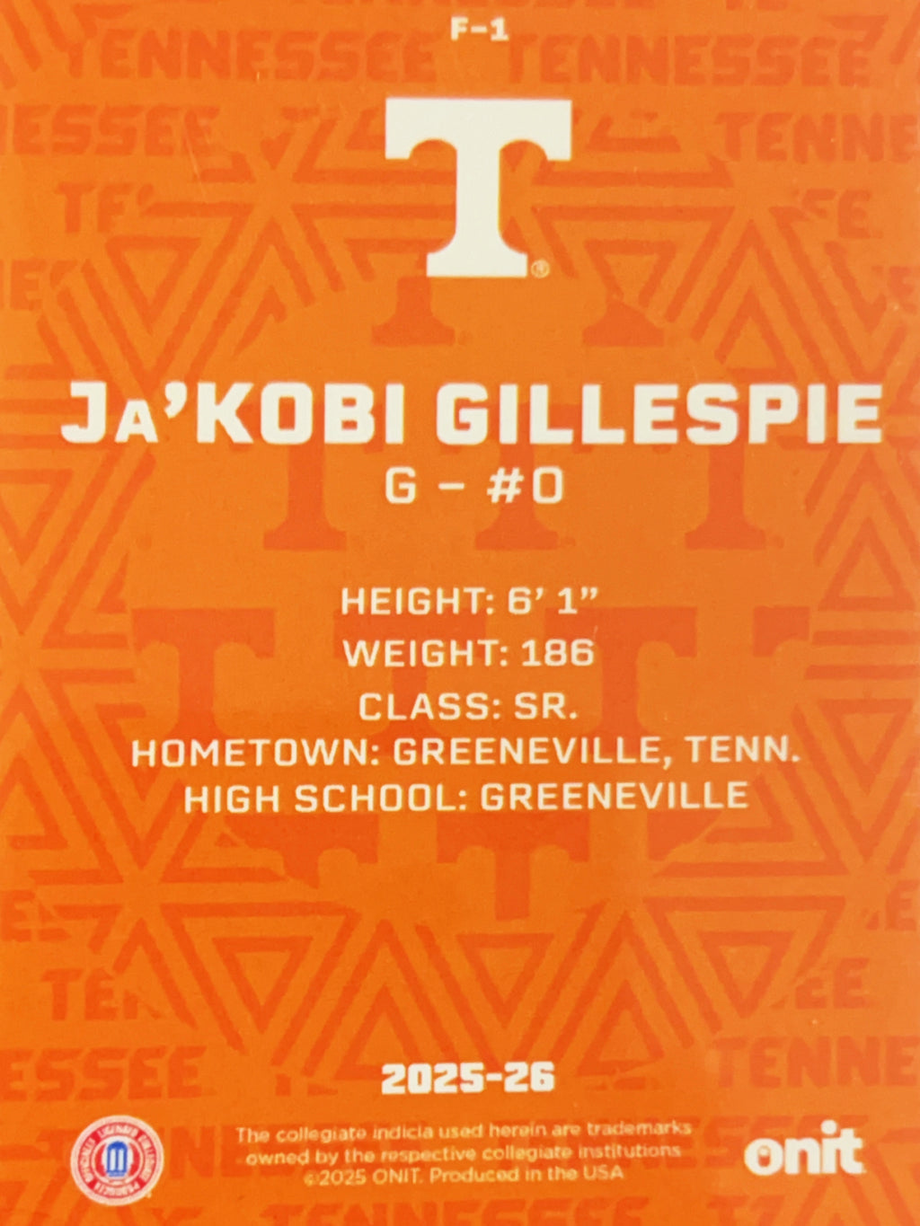 2025 ONIT Tennessee Basketball Ja'Kobi Gillespie #F-1