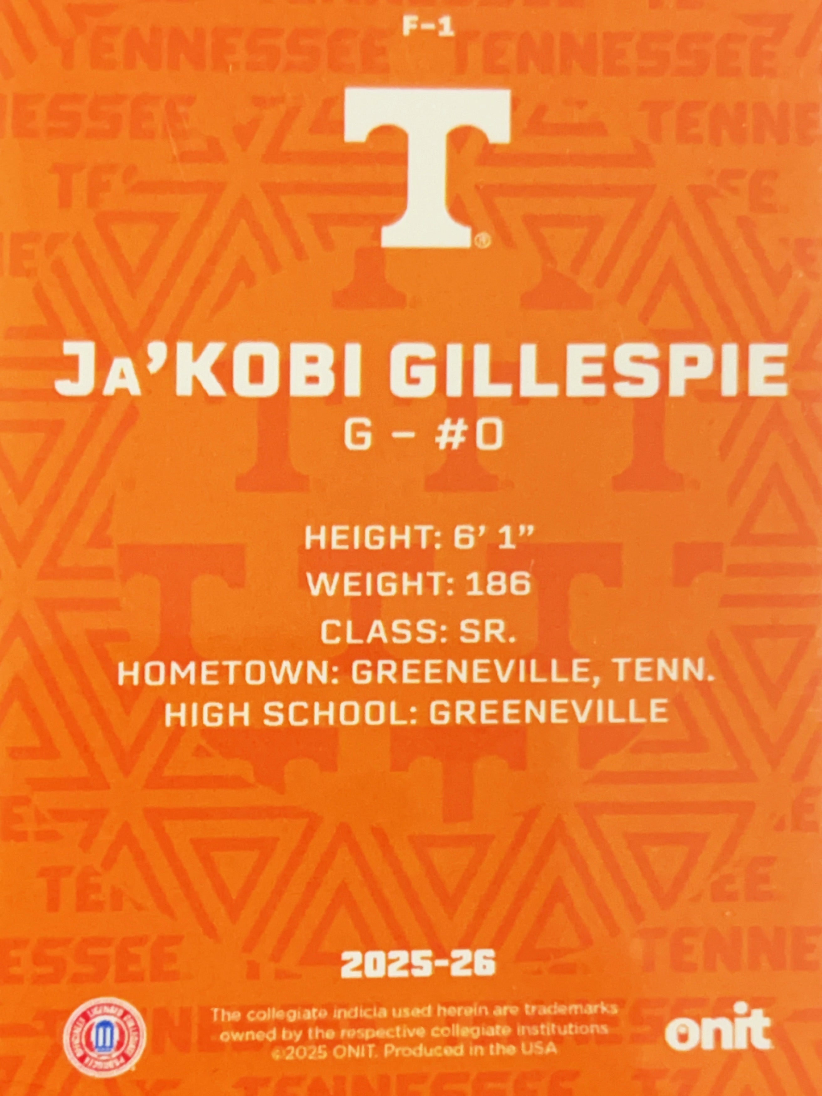 2025 ONIT Tennessee Basketball Ja'Kobi Gillespie #F-1