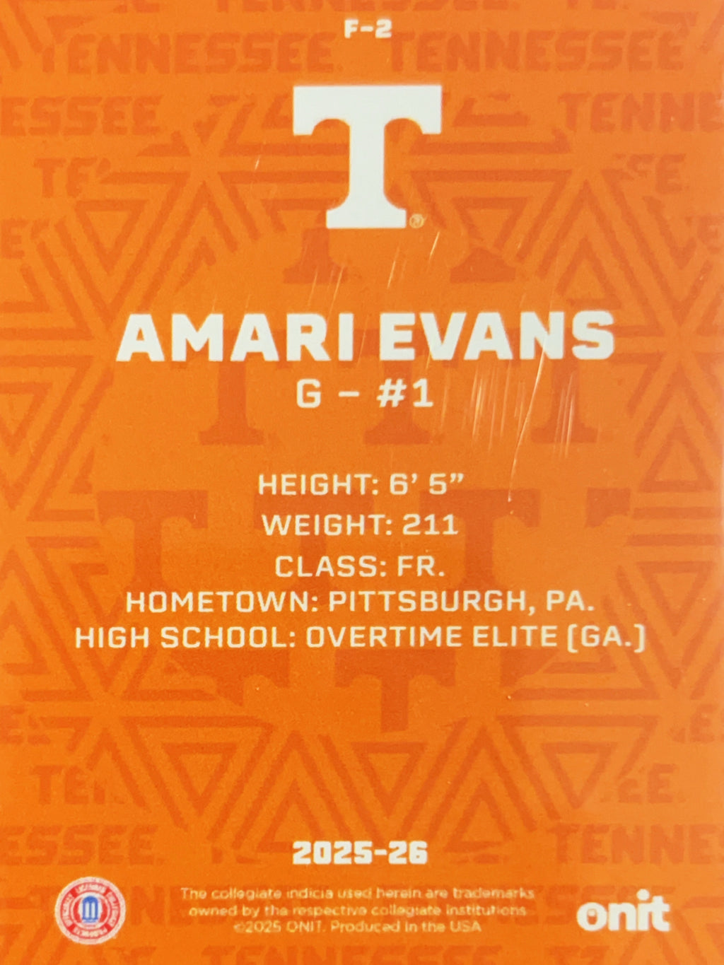 2025 ONIT Tennessee Basketball Amari Evans #F-2 Orange Shimmer