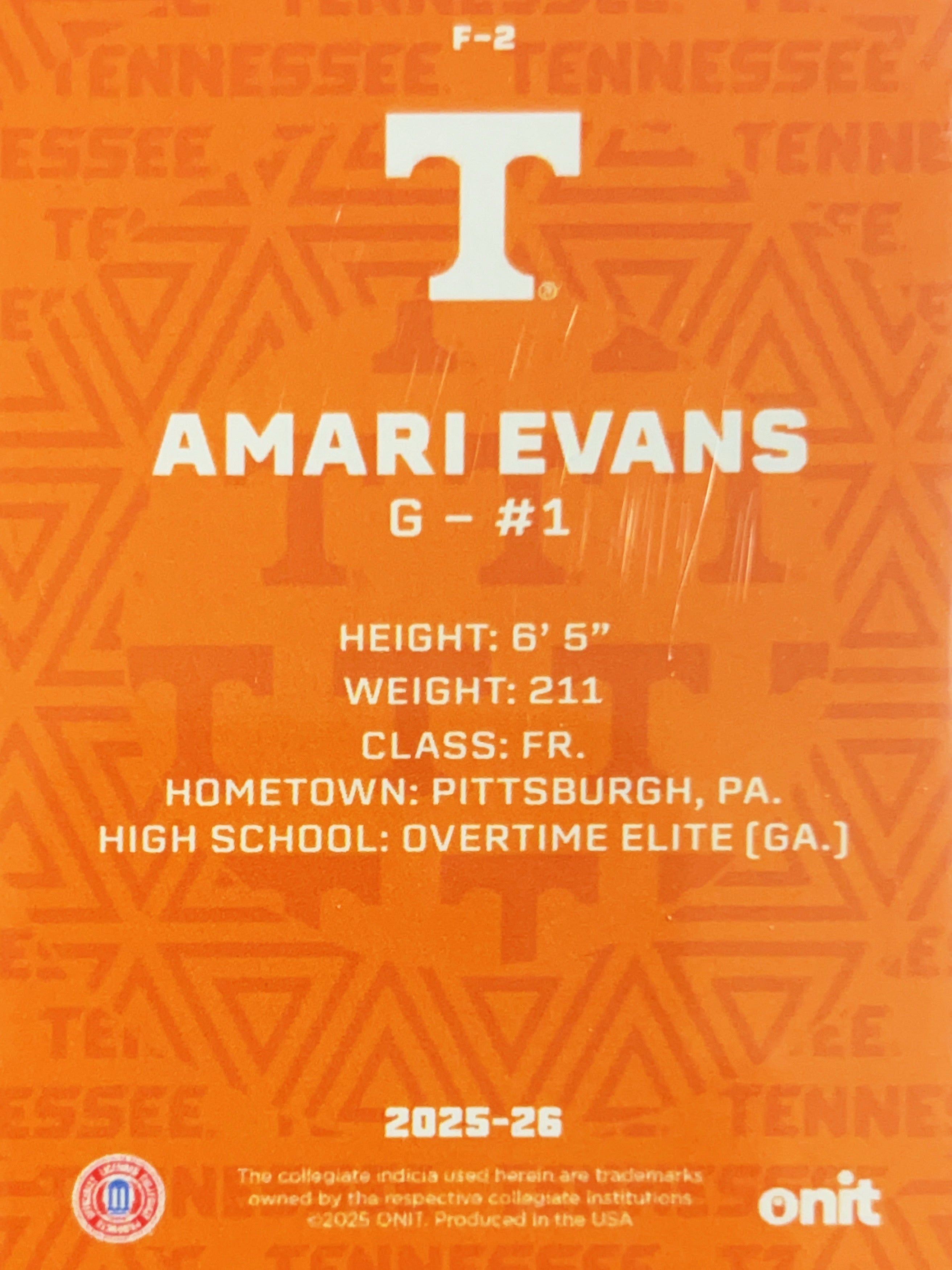 2025 ONIT Tennessee Basketball Amari Evans #F-2 Orange Shimmer