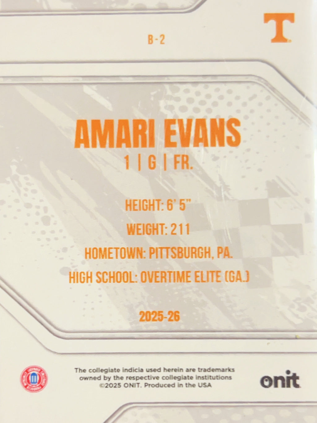 2025 ONIT Tennessee Basketball Amari Evans #B-2 Orange Sparkle Holo
