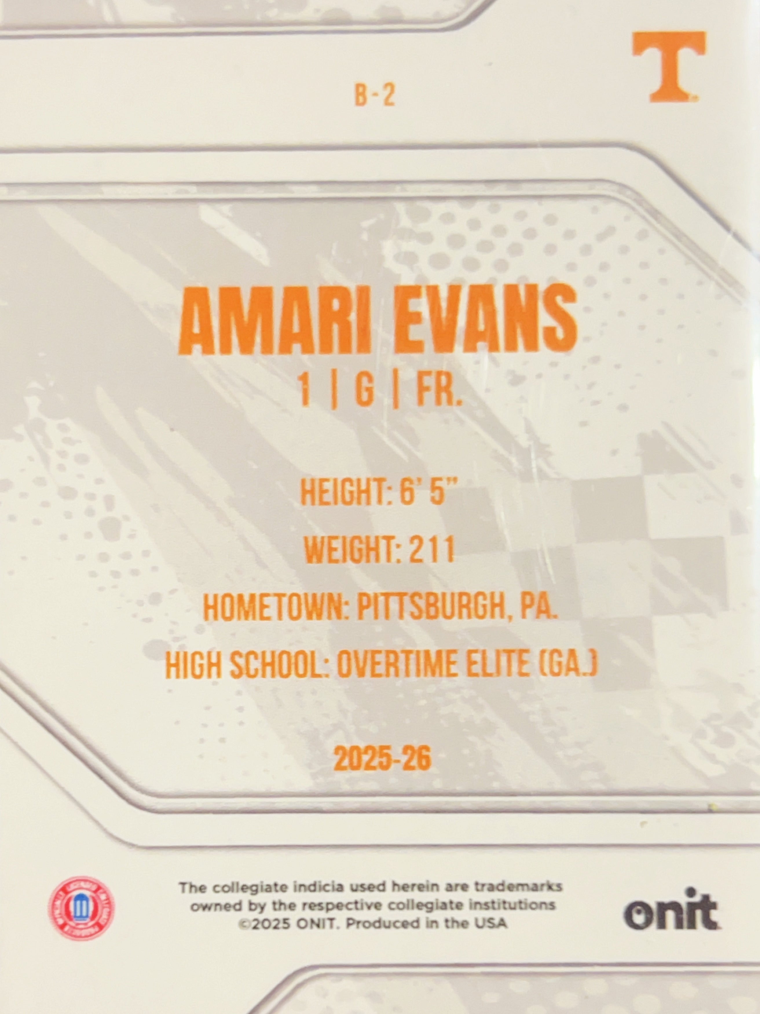 2025 ONIT Tennessee Basketball Amari Evans #B-2 Orange Sparkle Holo