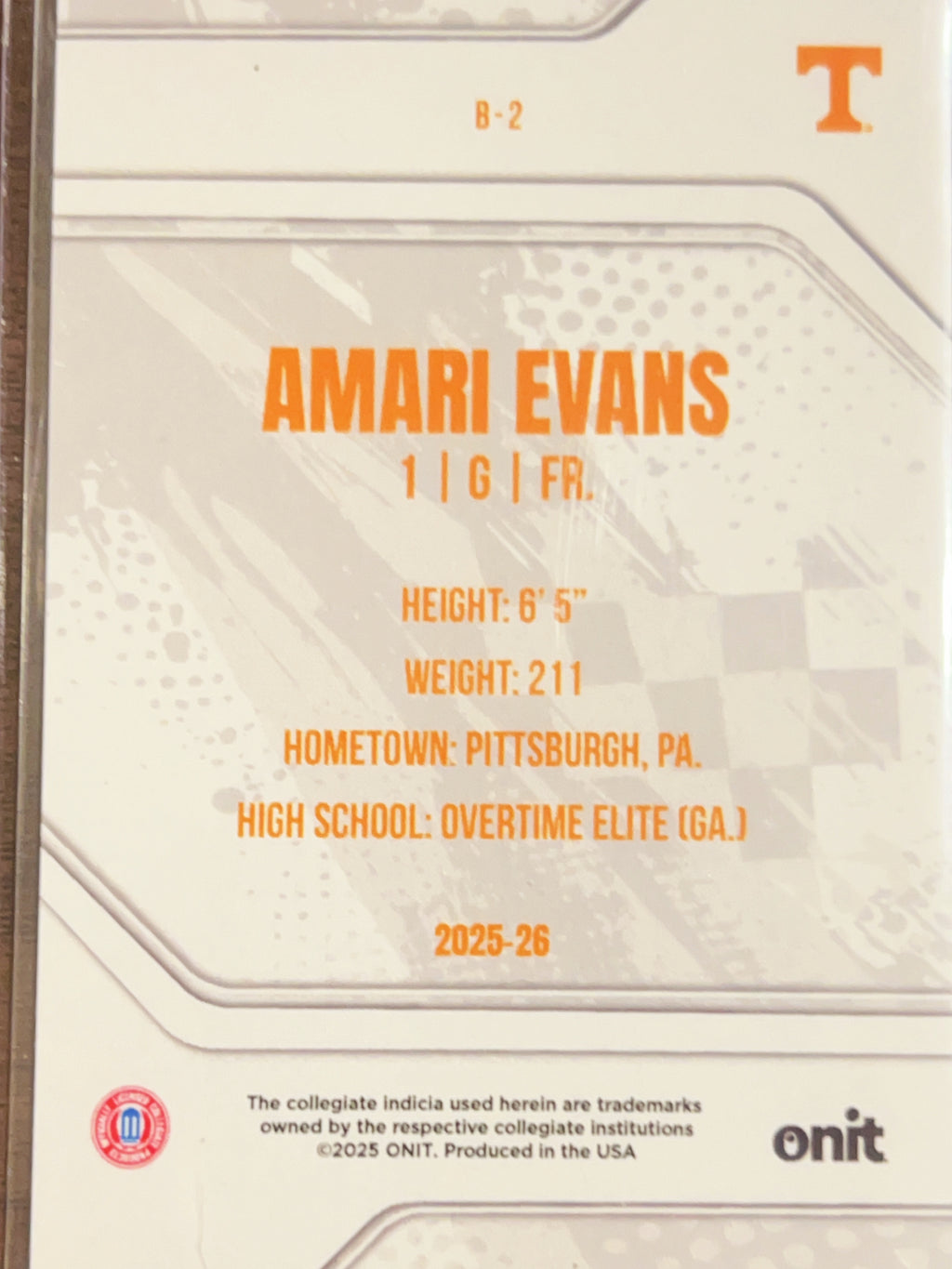 2025 ONIT Tennessee Volunteers Amari Evans #B-2 Orange Shimmer