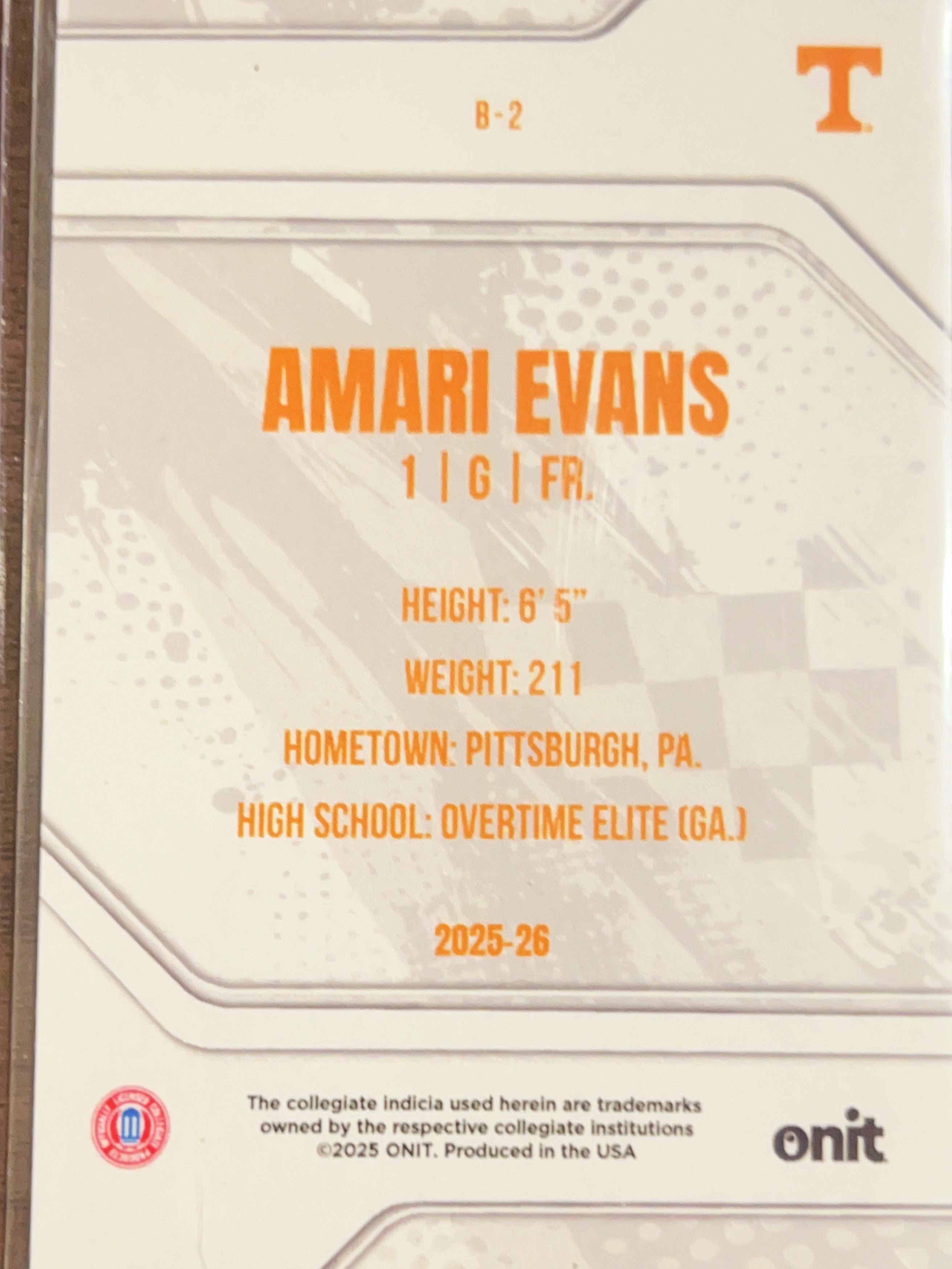 2025 ONIT Tennessee Volunteers Amari Evans #B-2 Orange Shimmer
