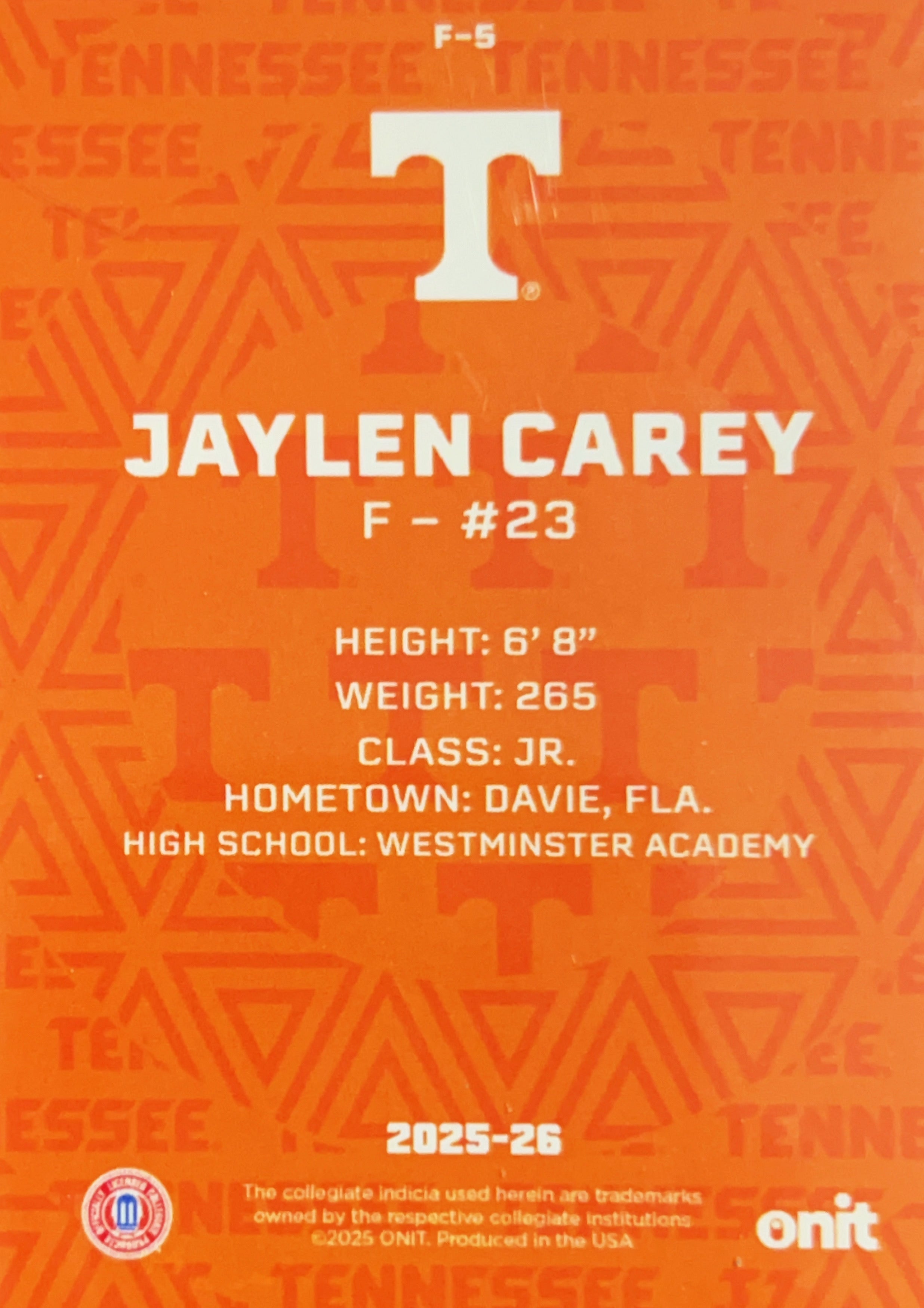 2025 ONIT Tennessee Volunteers Jaylen Carey #F-5