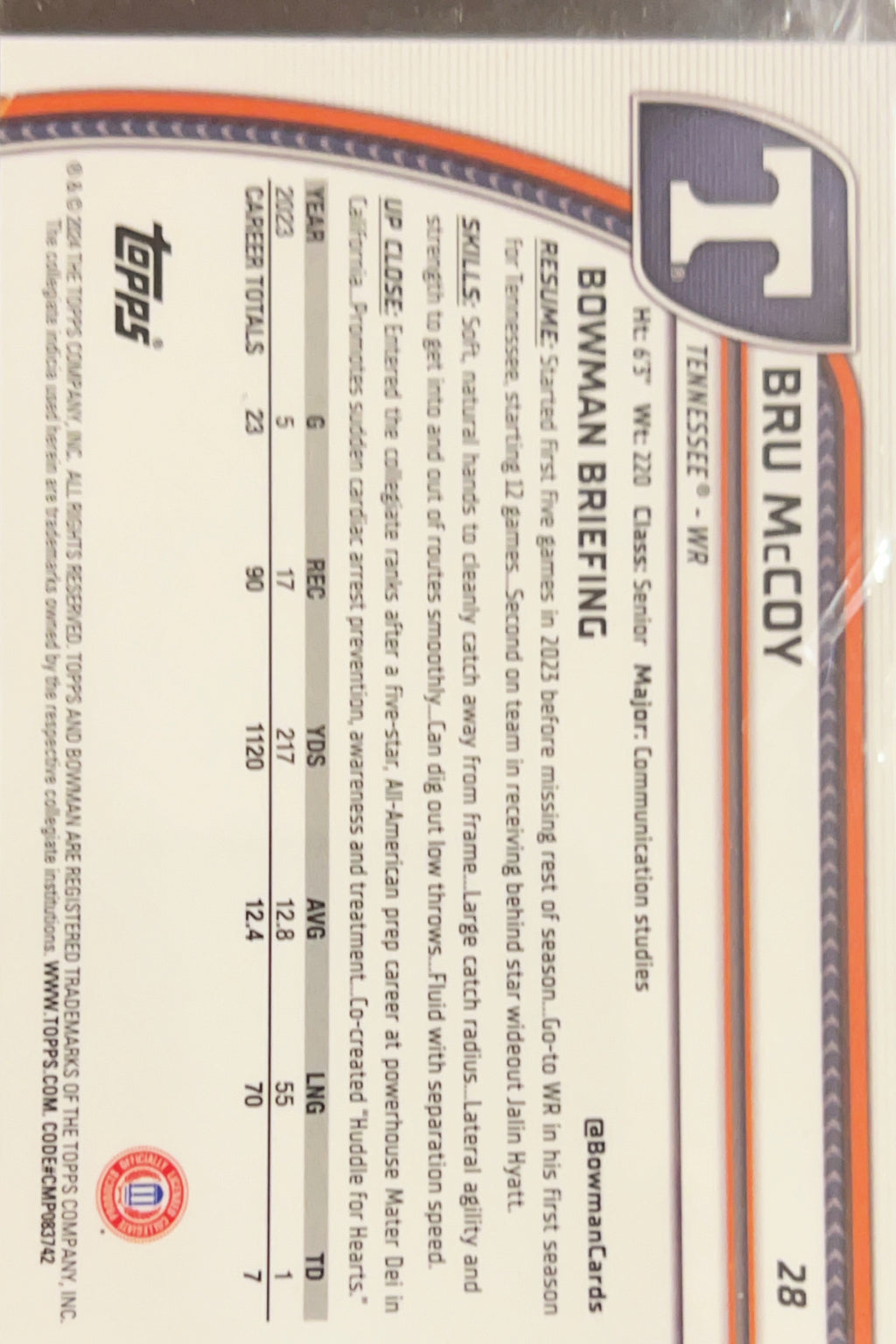2024 Bowman Chrome University Bru McCoy #28 1st Bowman