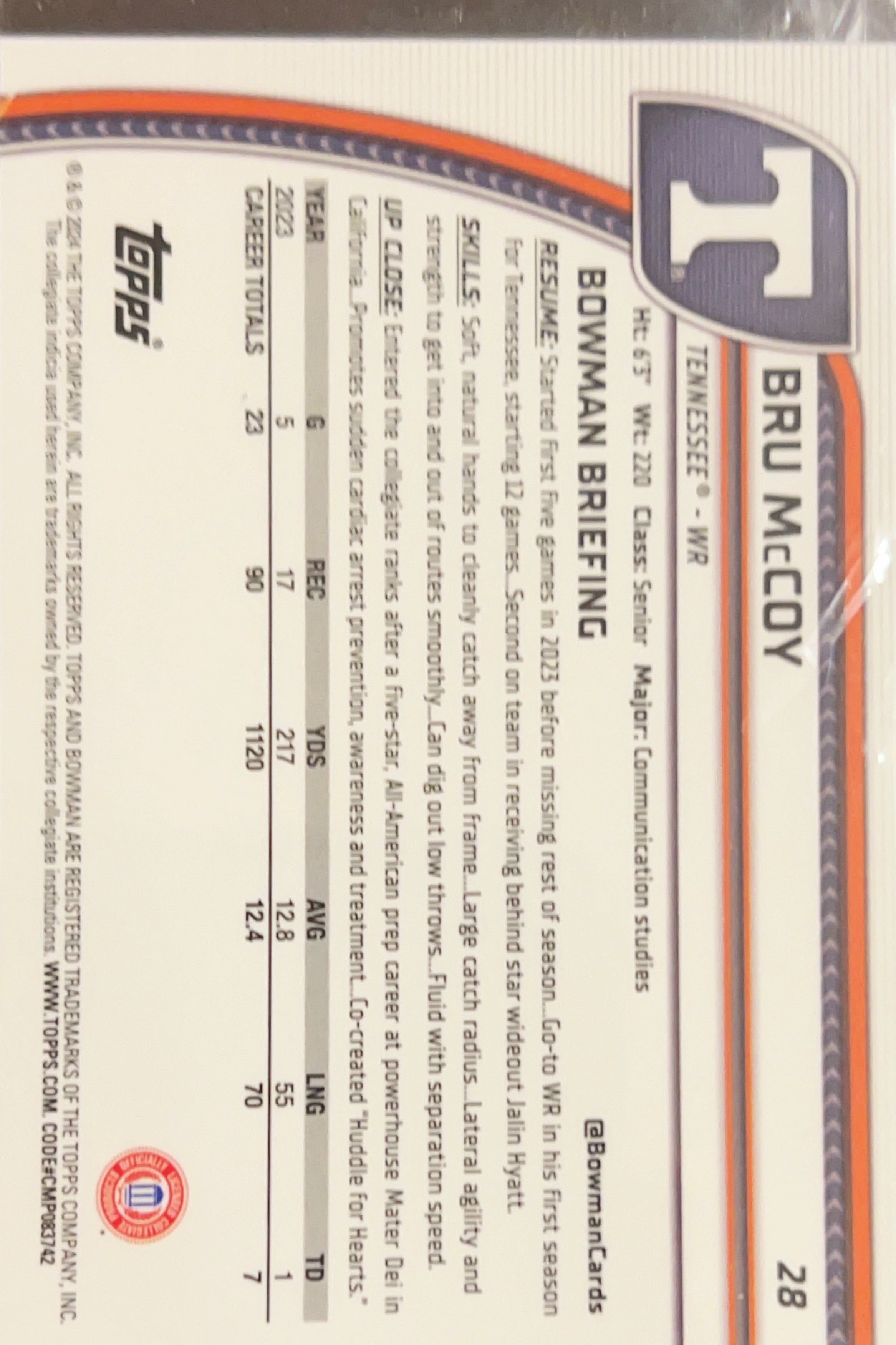 2024 Bowman Chrome University Bru McCoy #28 1st Bowman