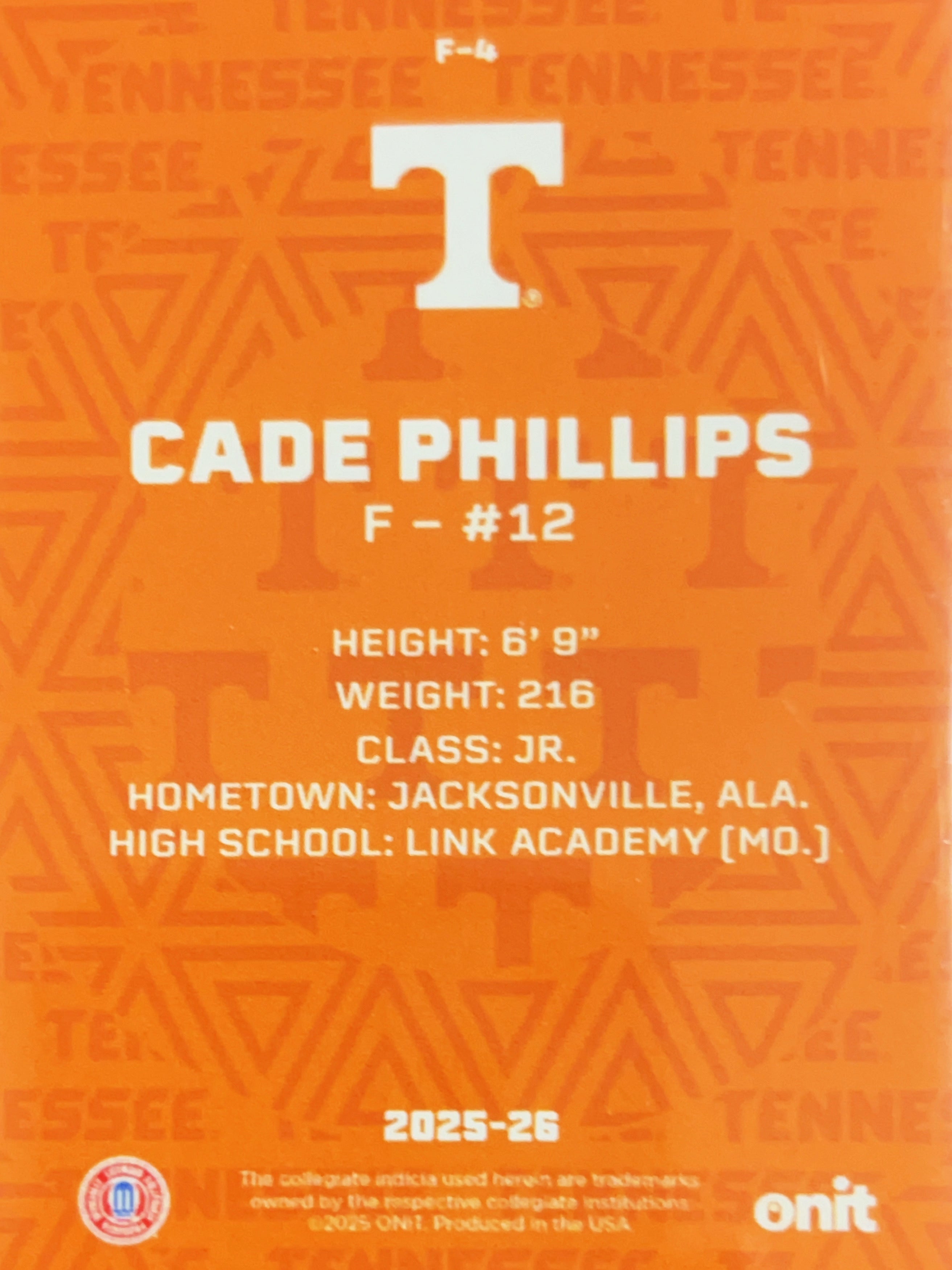 2025 ONIT Tennessee Basketball Cade Phillips #F-4 Orange Shimmer