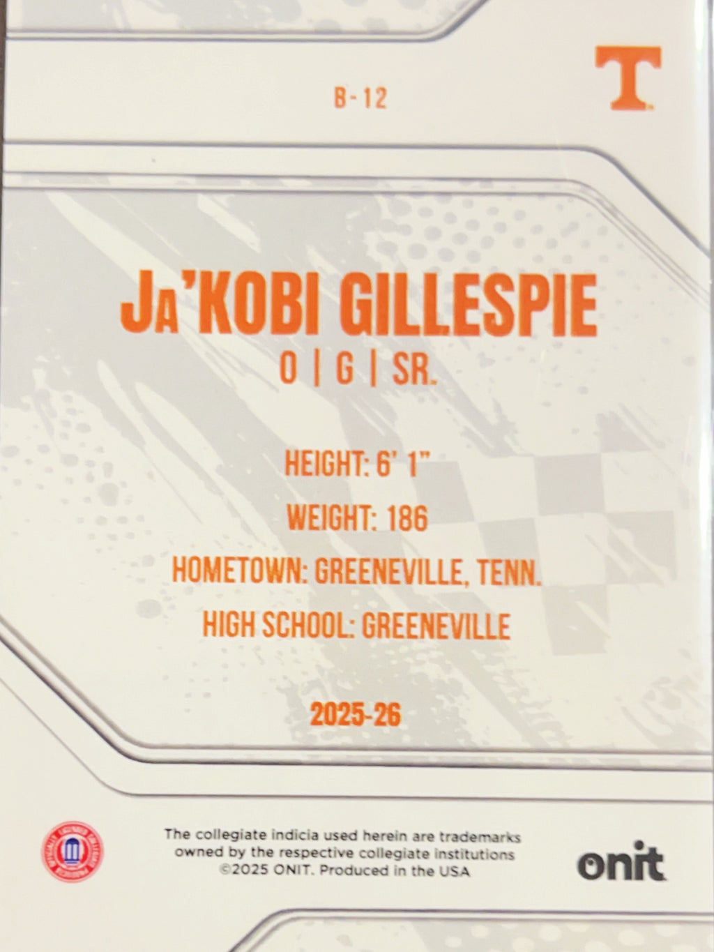 2025 ONIT Tennessee Basketball Ja'Kobi Gillespie #B-12