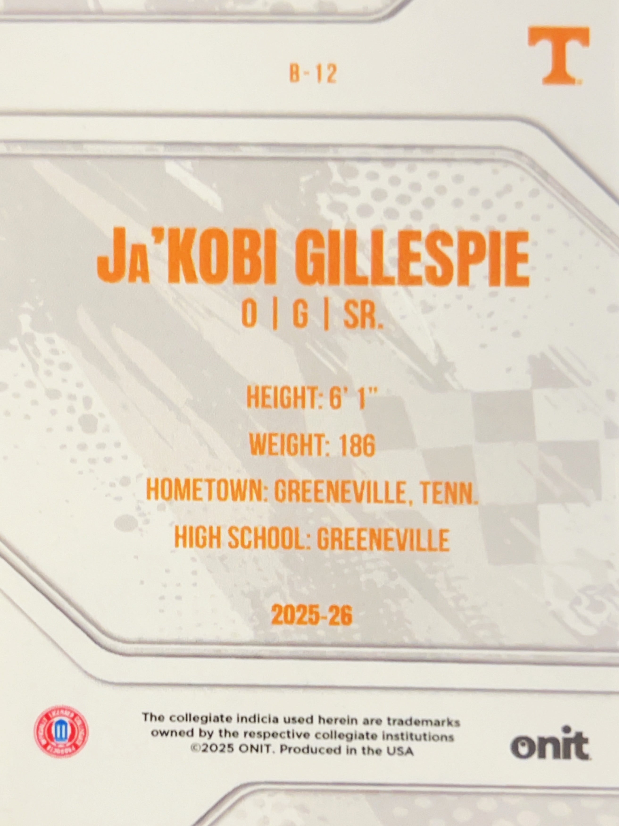 2025 ONIT Tennessee Basketball Ja'Kobi Gillespie #B-12 Orange Refractor