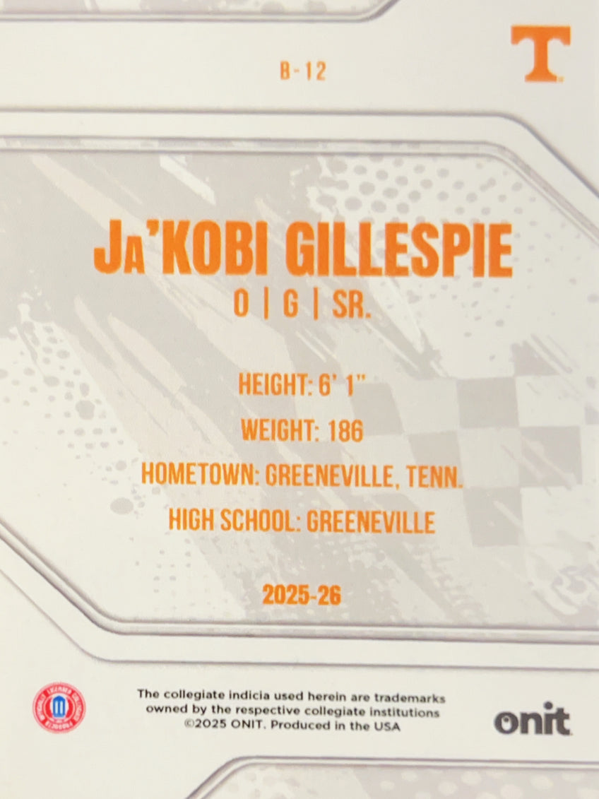 2025 ONIT Tennessee Basketball Ja'Kobi Gillespie #B-12 Orange Refractor