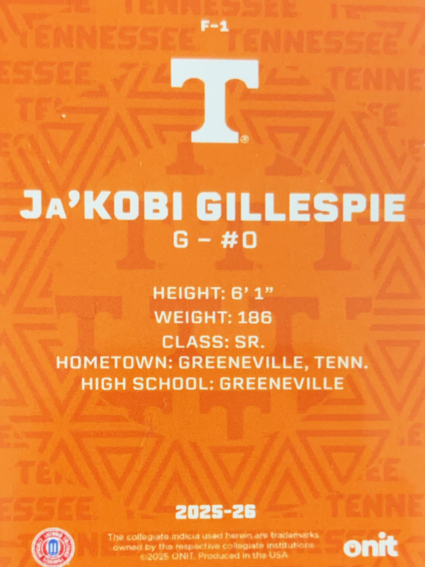 2025 ONIT Tennessee Basketball Ja'Kobi Gillespie #F-1 Orange Shimmer