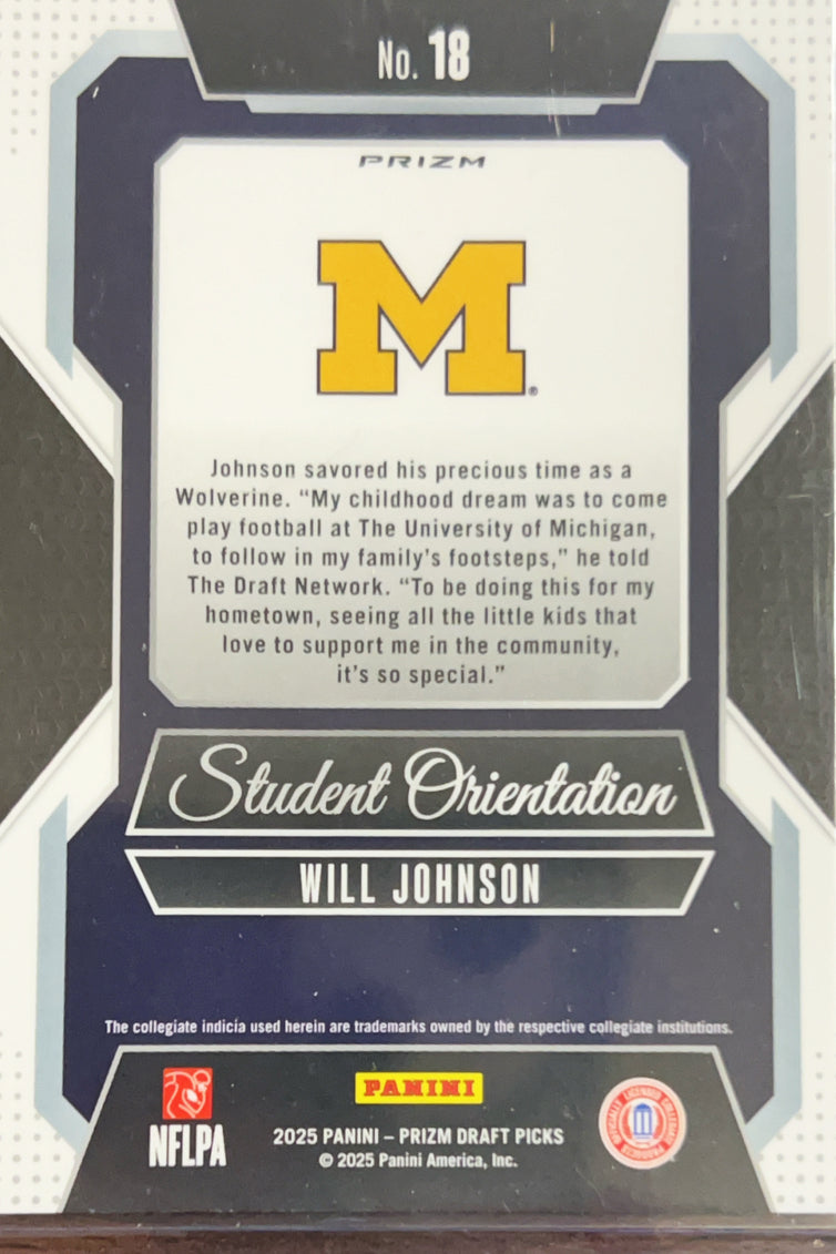 2025 Panini Prizm Draft Picks Student Orientation Will Johnson #18 Green RC