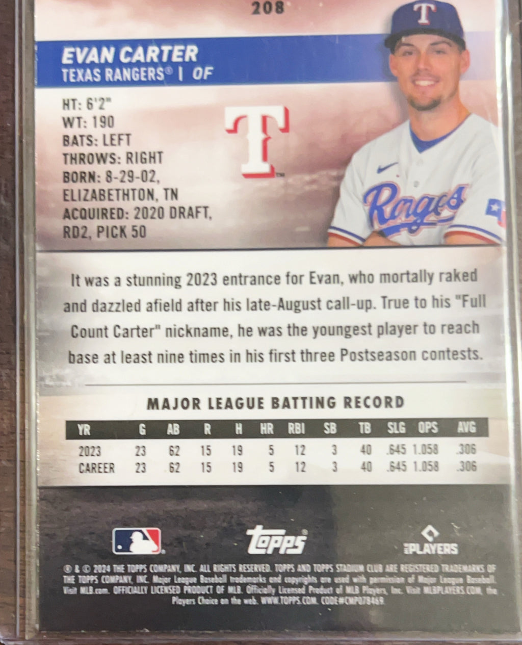 2024 Topps Stadium Club Chrome Evan Carter #208 Orange Refractor /99 RC