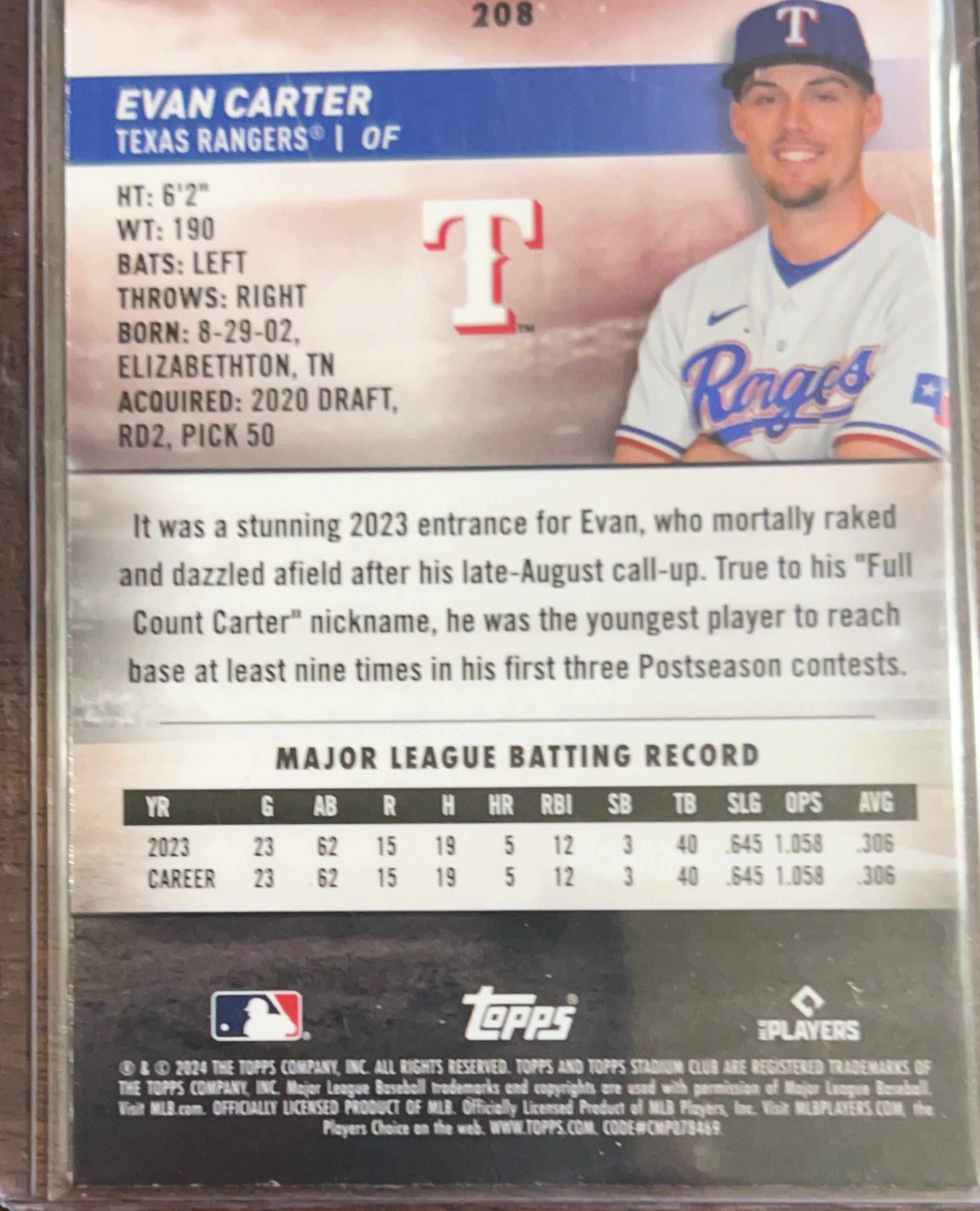 2024 Topps Stadium Club Chrome Evan Carter #208 Orange Refractor /99 RC