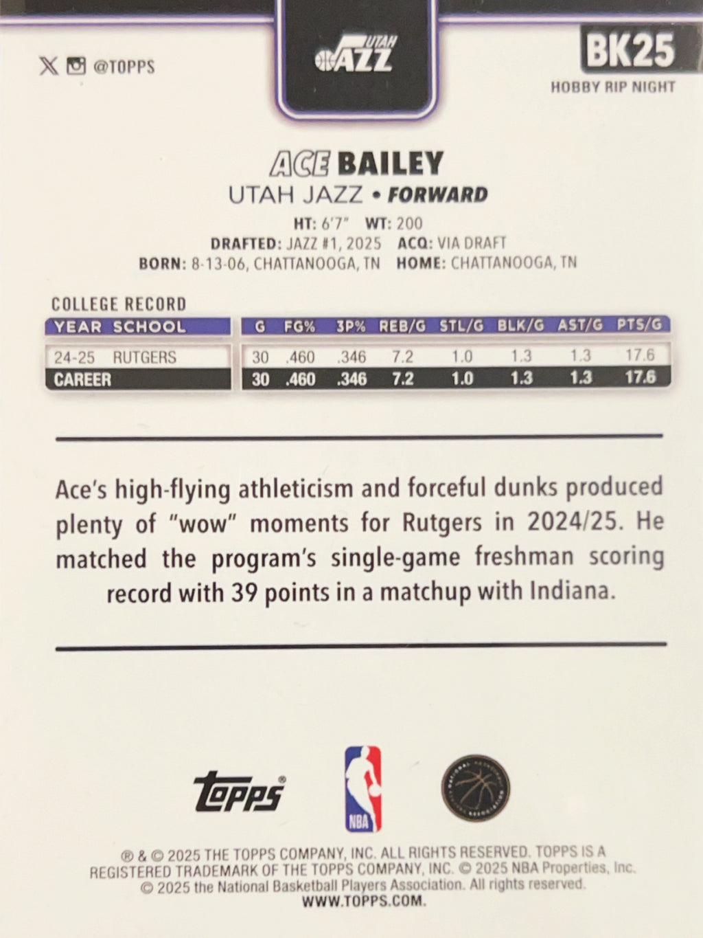 2025 Topps Rip Night Ace Bailey #BK25 RC