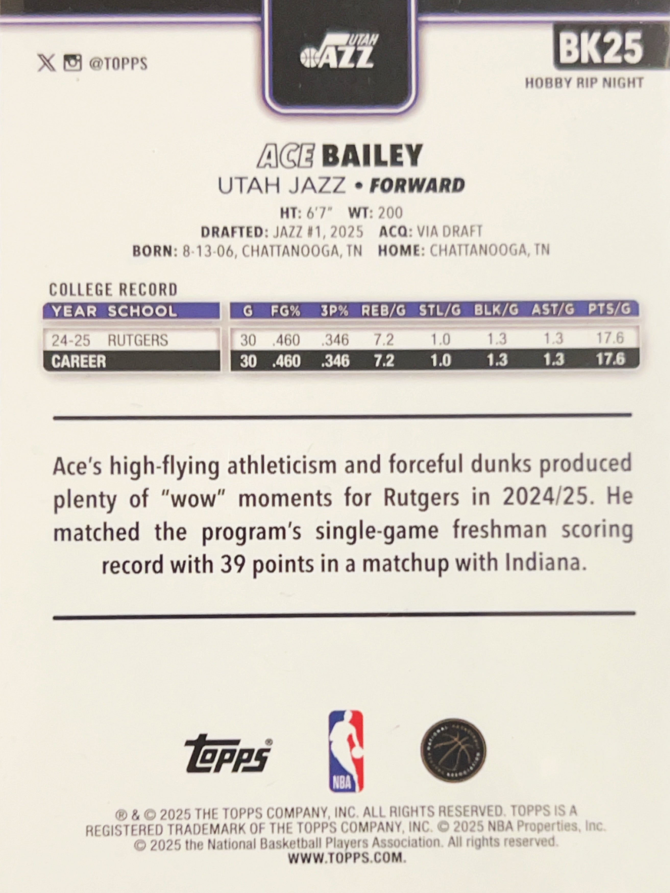 2025 Topps Rip Night Ace Bailey #BK25 RC
