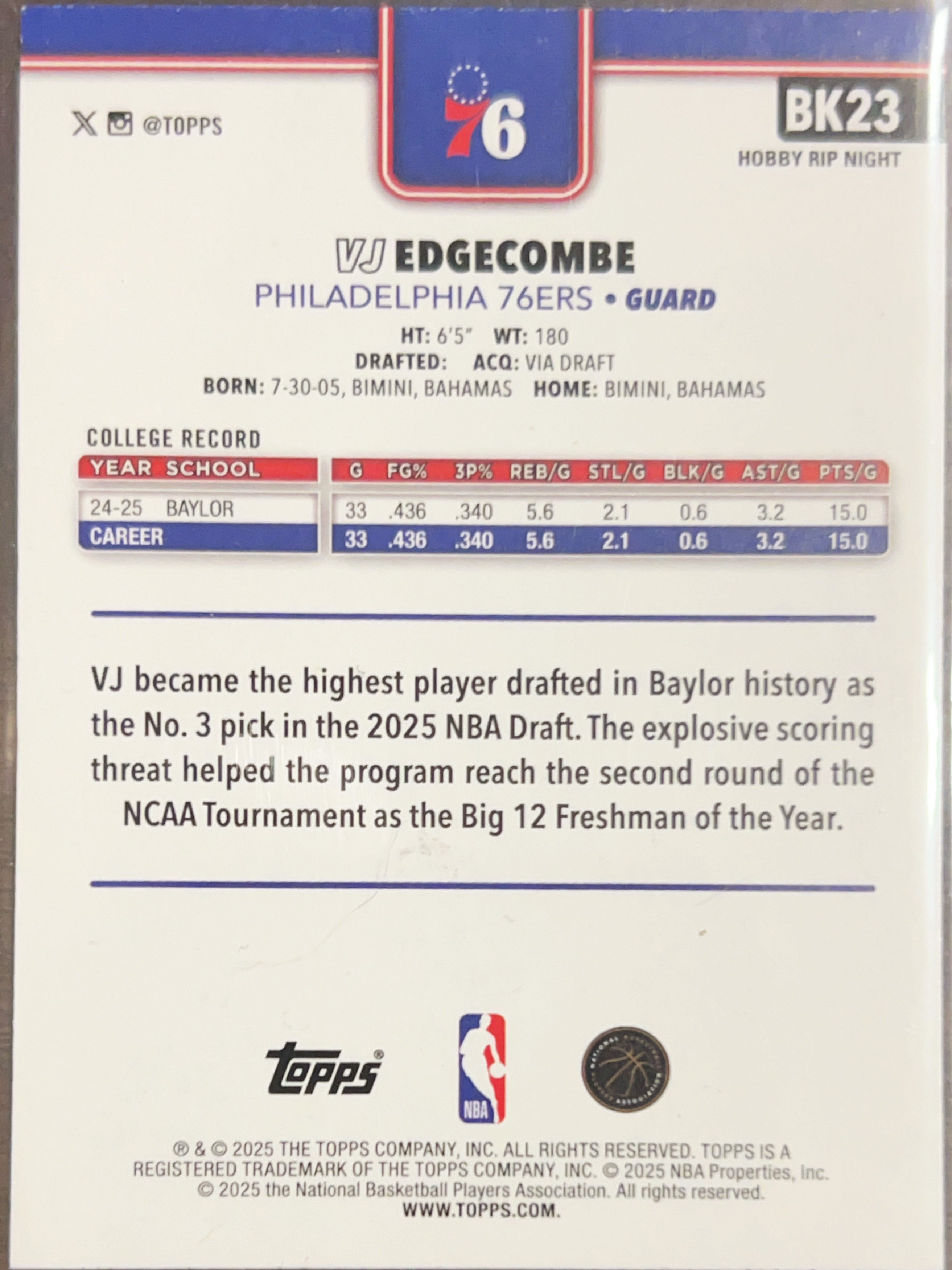 2025 Topps Hobby Rip Night VJ Edgecombe #BK23 RC