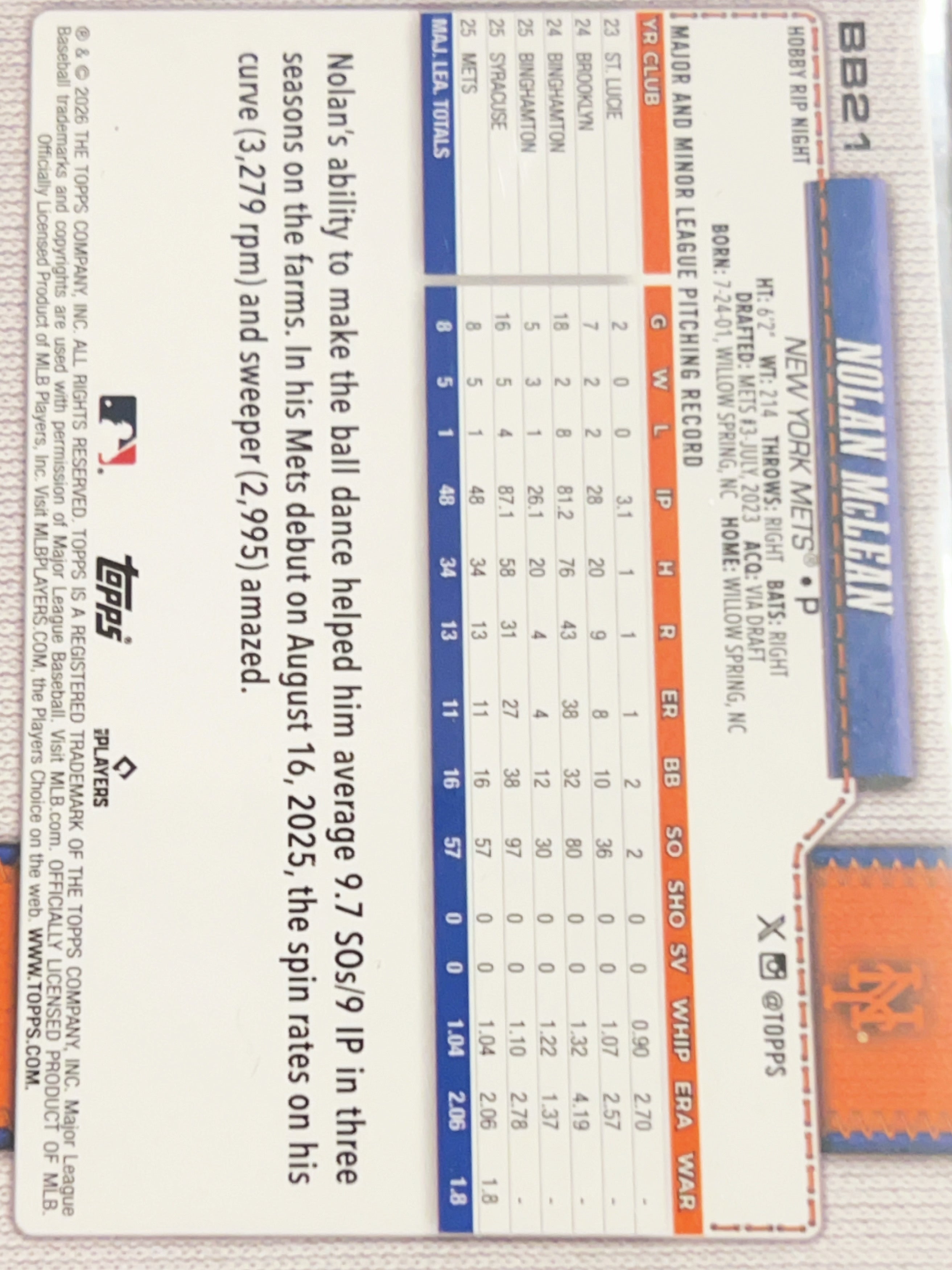 2024 Topps Rip Night Nolan McLean #BB21 RC