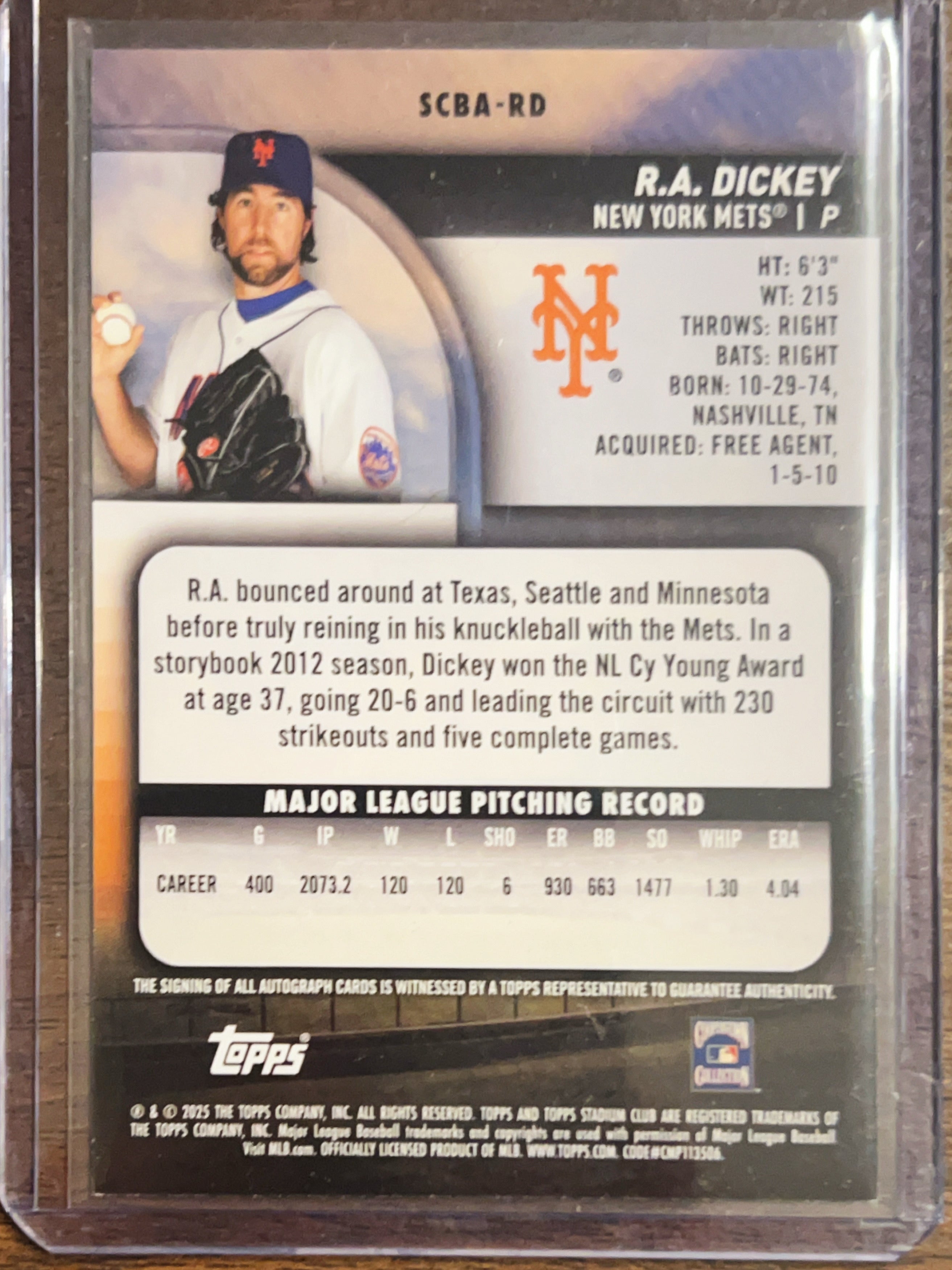 2025 Topps Stadium Club R.A. Dickey #SCBA-RD