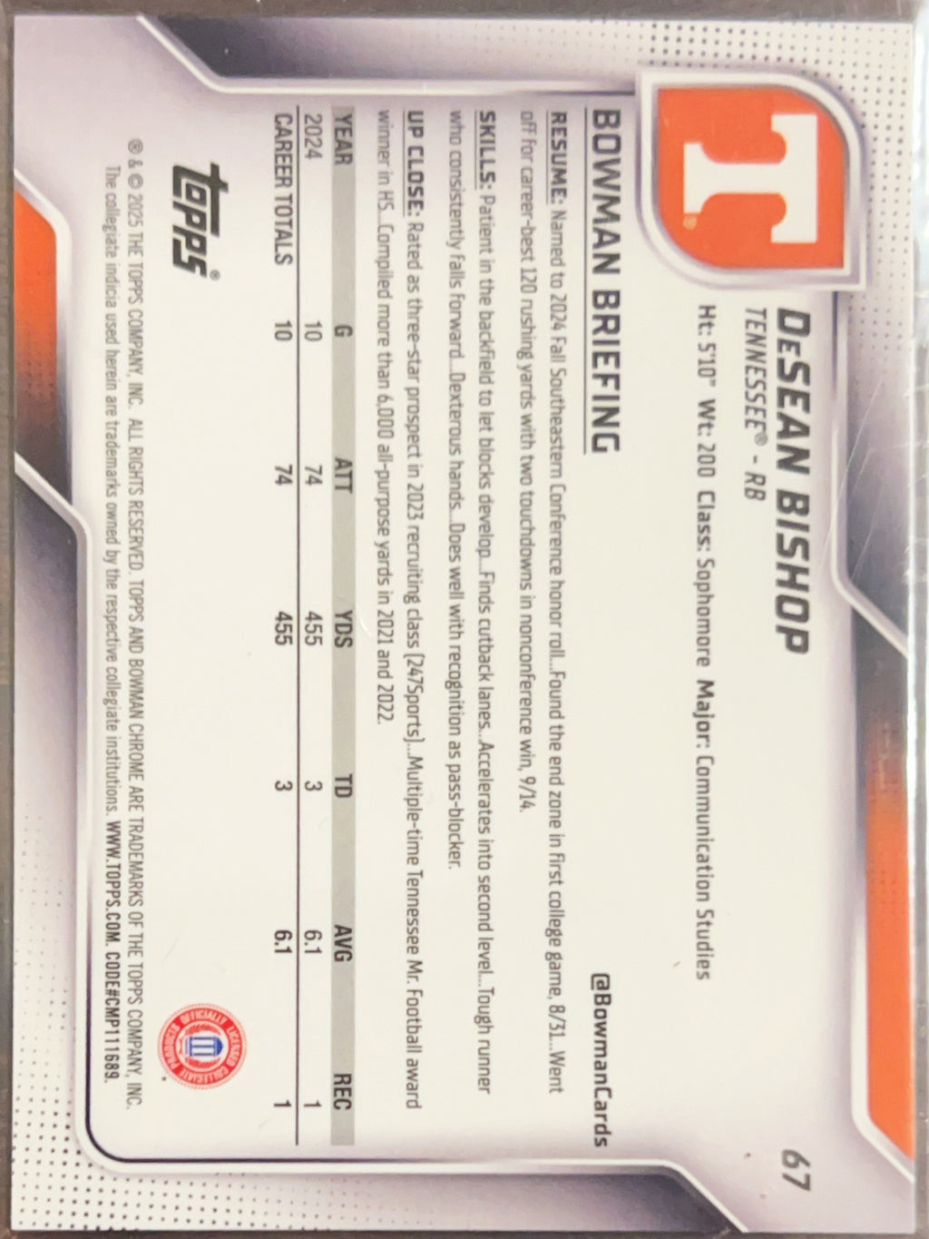 2025 Topps Bowman Chrome University DeSean Bishop #67 Pink Shimmer /225