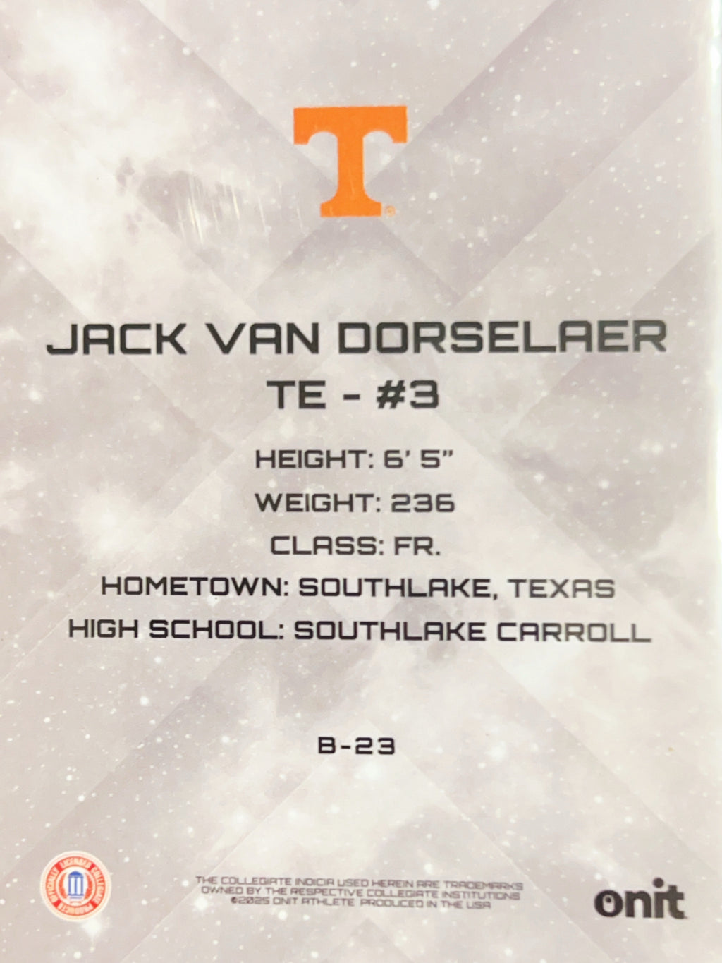 2025 ONIT Tennessee Football Jack Van Dorselaer #B-23