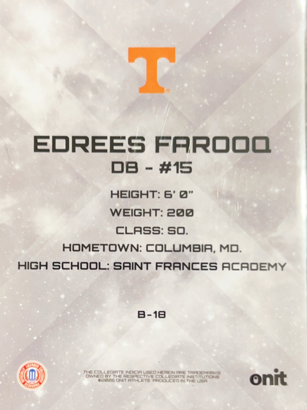 2025 Onit Tennessee Football Edrees Farooq #B-18