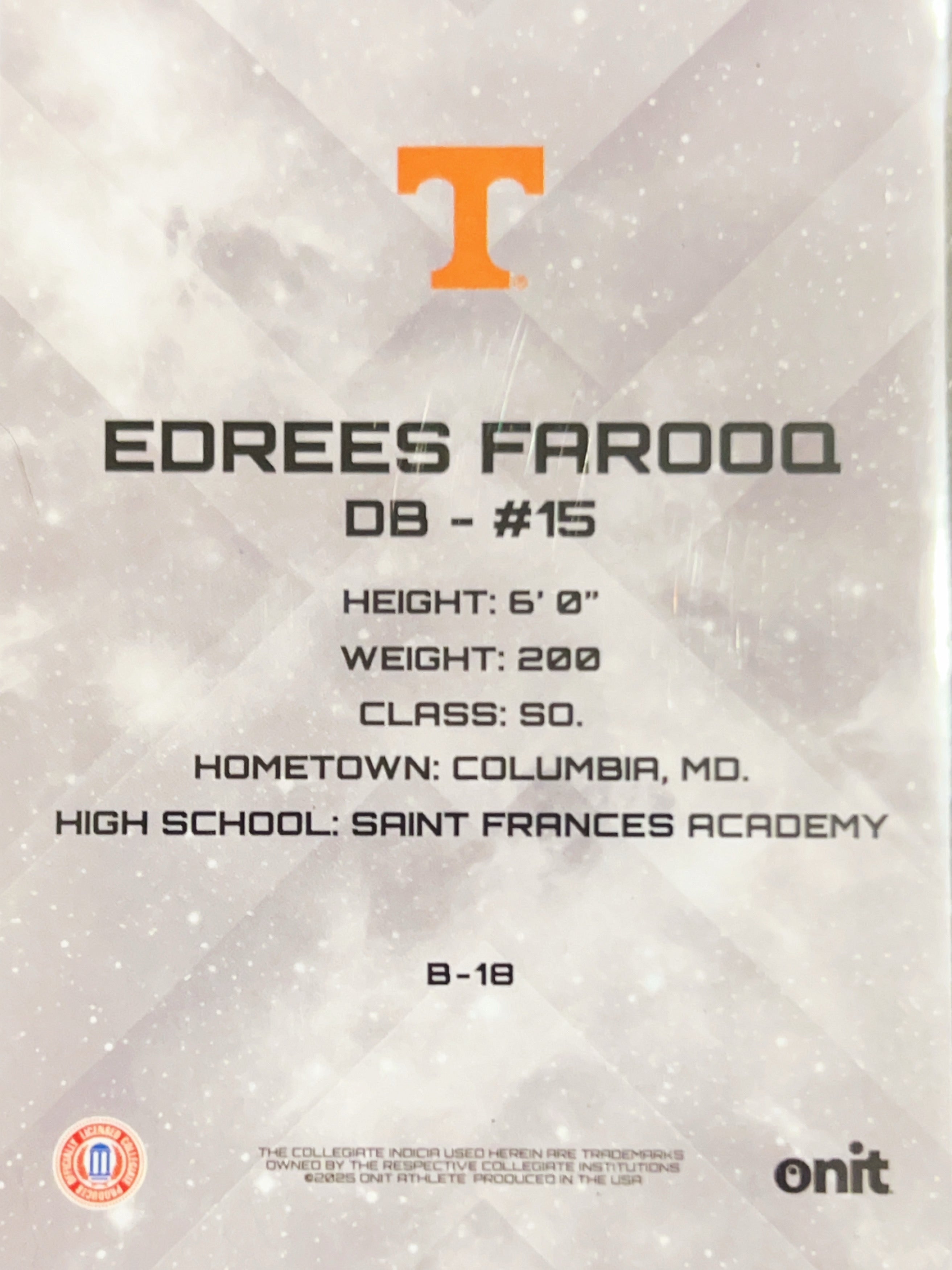 2025 Onit Tennessee Football Edrees Farooq #B-18