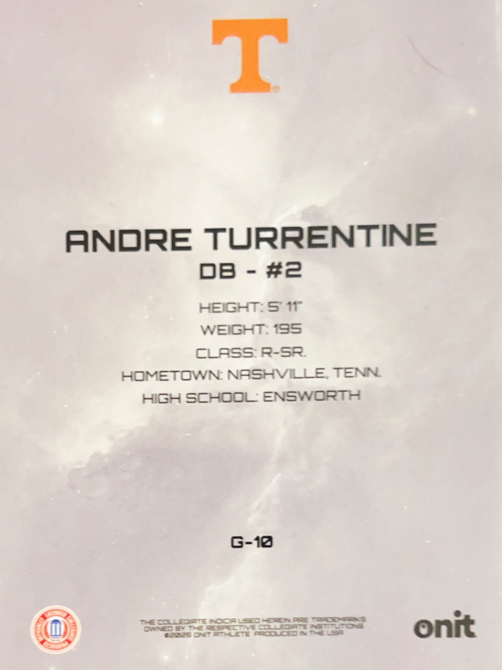 2023 Onit Tennessee Volunteers Galaxy Andre Turrentine #G-10