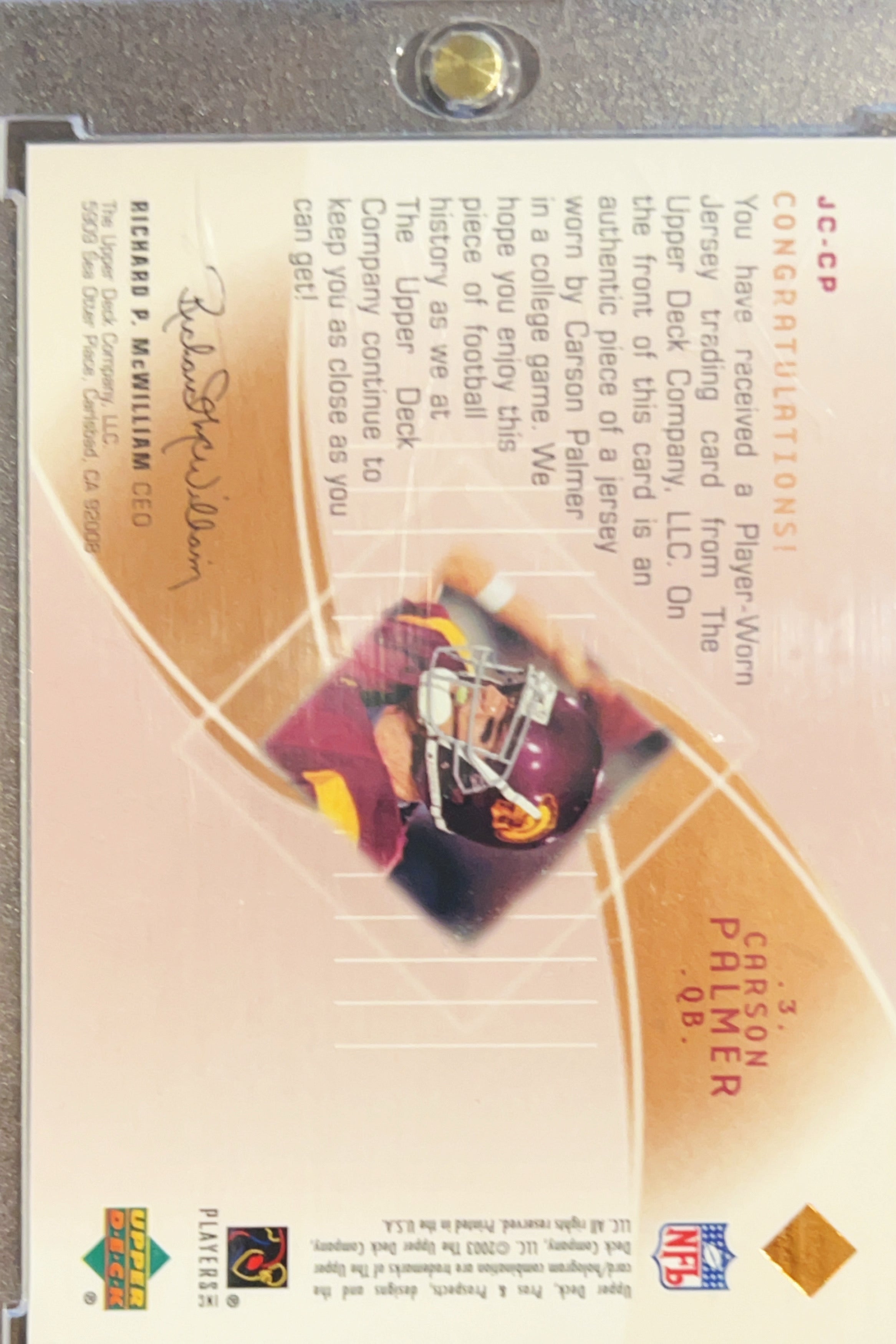 2003 Upper Deck Pros & Prospects Carson Palmer #JC-CP /75 Jersey Card