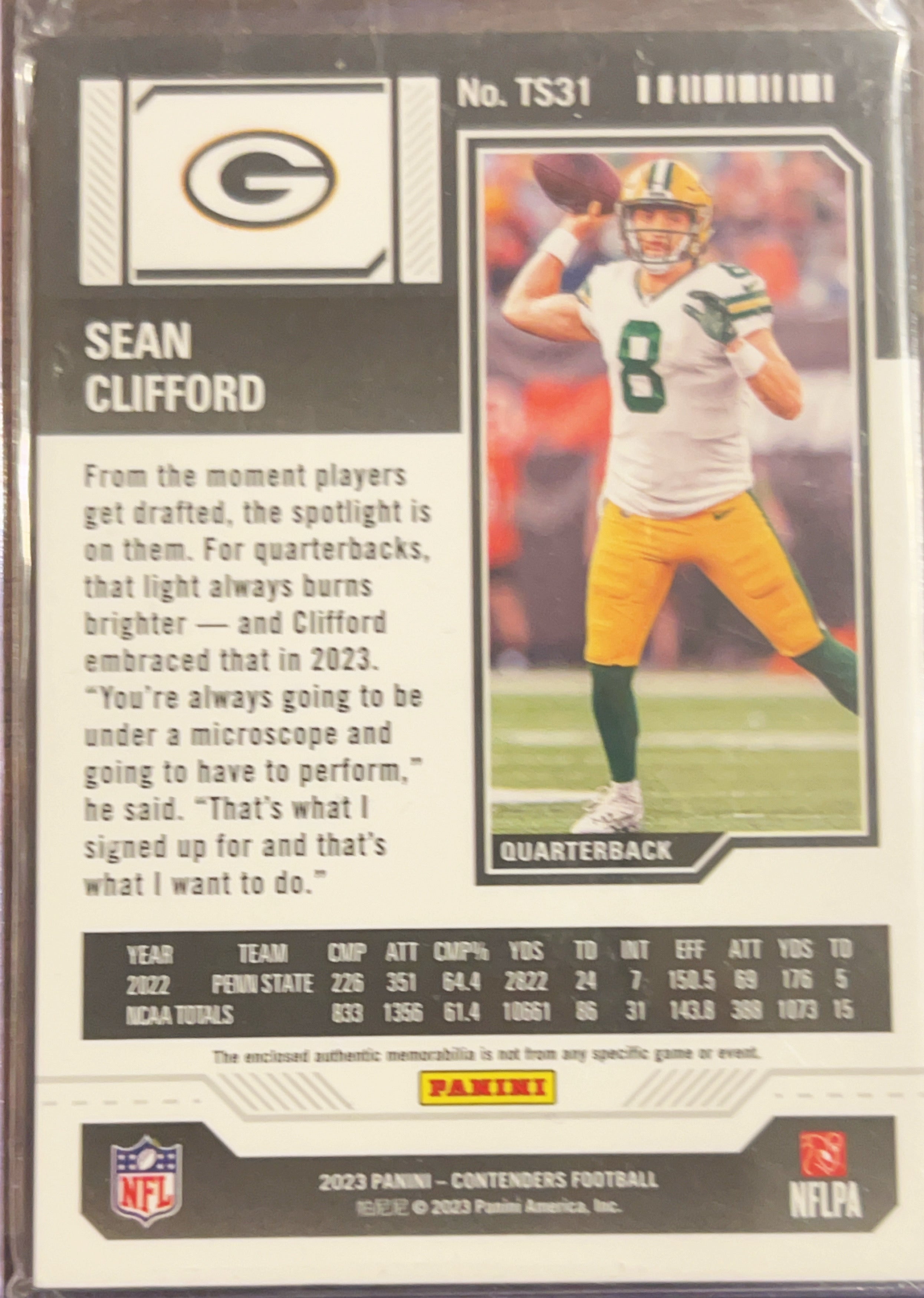 2023 Panini Contenders Rookie Ticket Sean Clifford #TS31 Mem RC