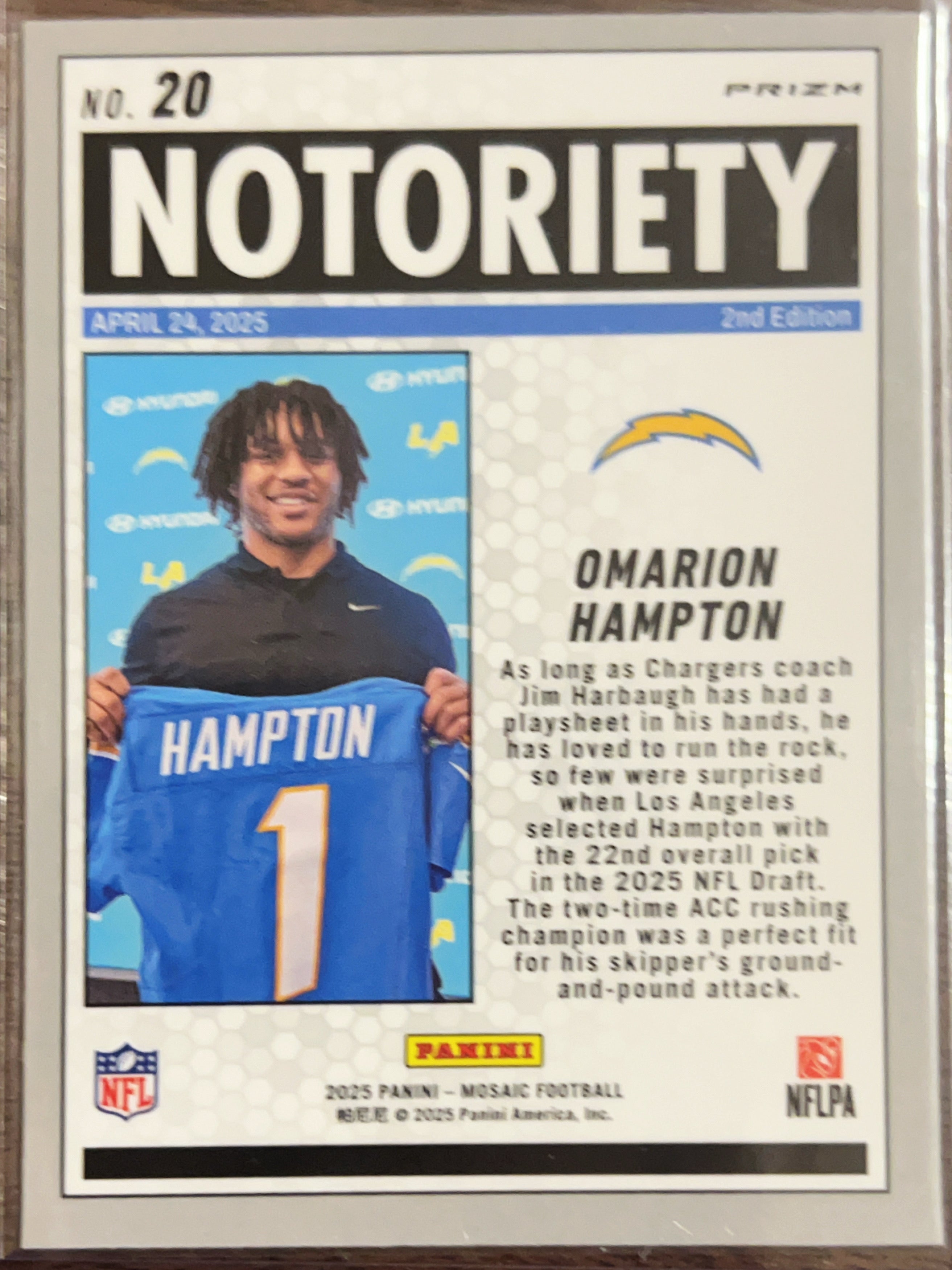2025 Panini Mosaic Football Notoriety Omarion Hampton #20 Green RC