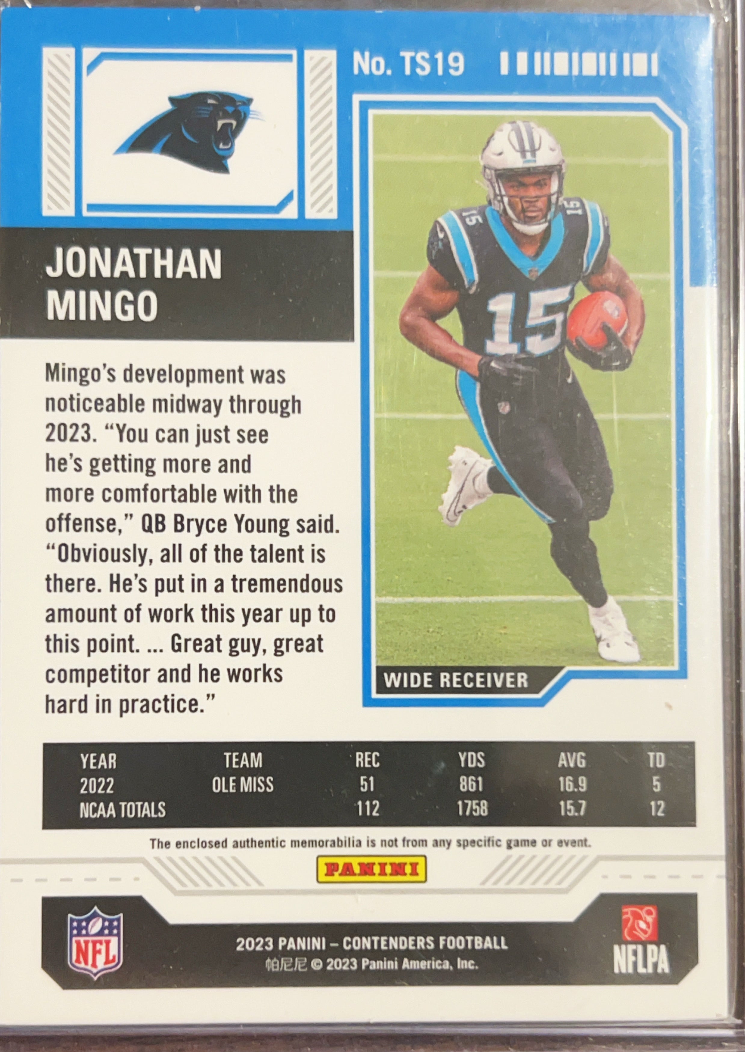 2023 Panini Contenders Jonathan Mingo #TS19 RC Rookie Ticket Memorabilia