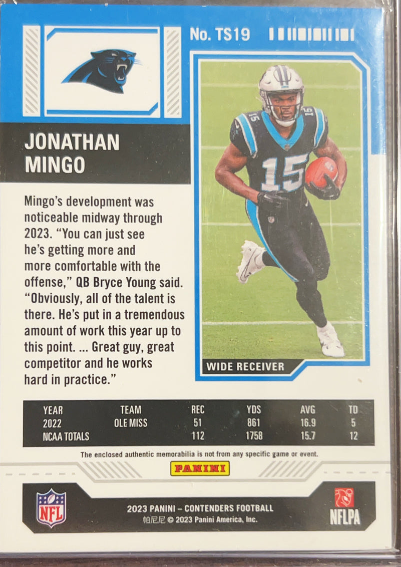 2023 Panini Contenders Jonathan Mingo #TS19 RC Rookie Ticket Memorabilia