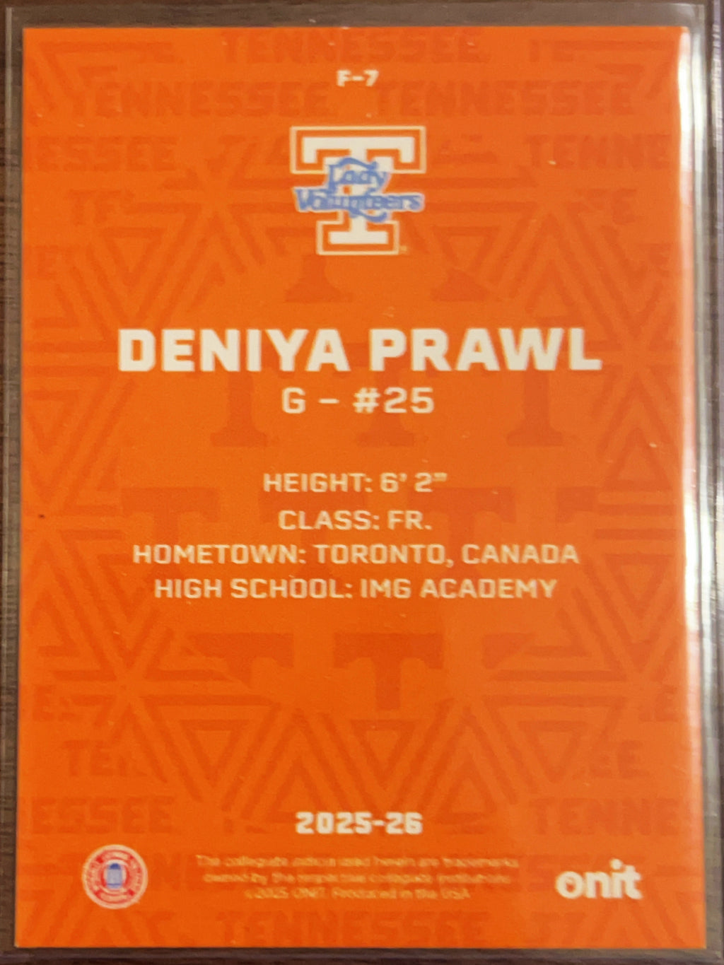 2025 ONIT Tennessee Lady Volunteers Deniya Prawl #F-7 Orange Sparkle