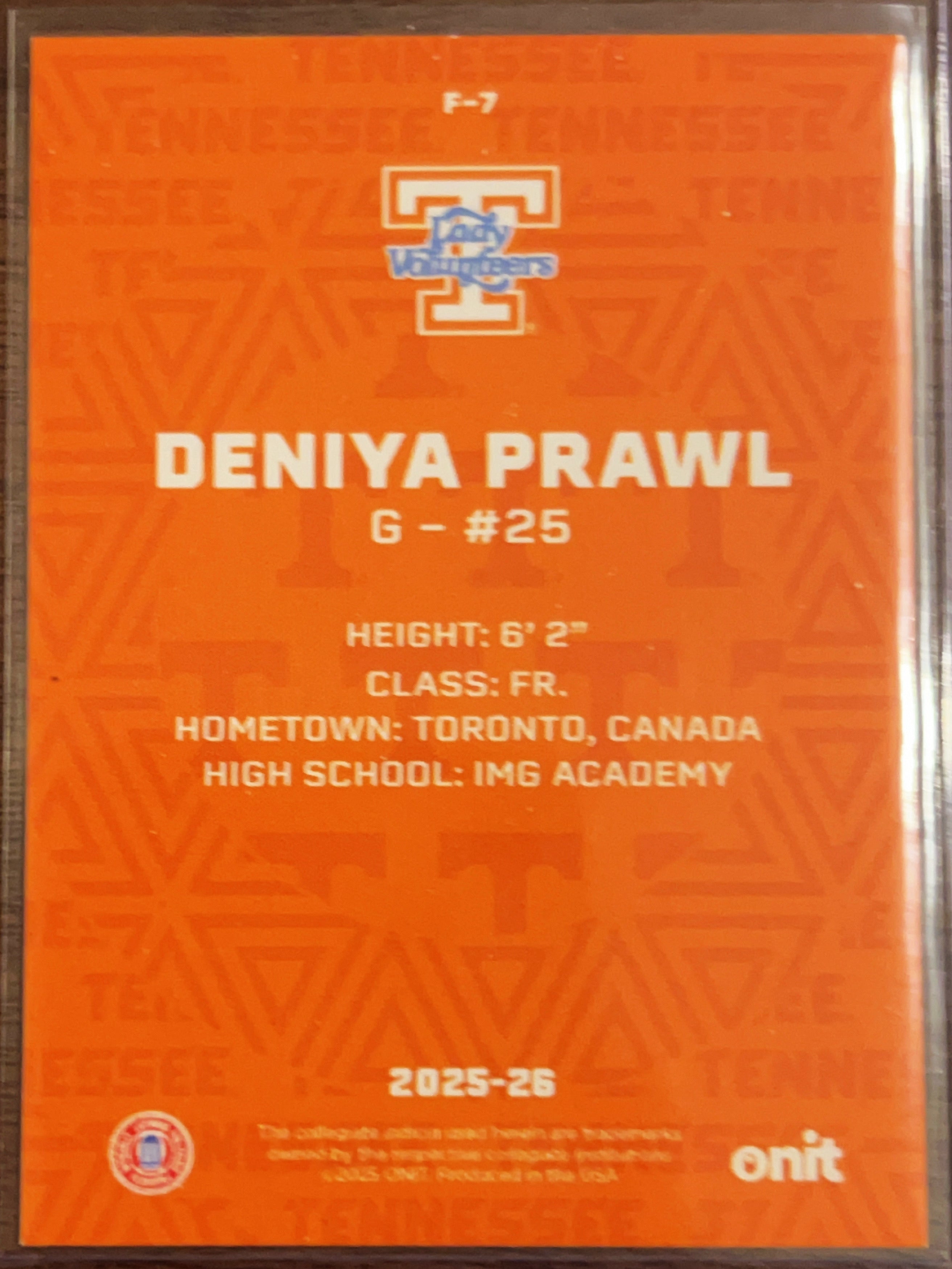 2025 ONIT Tennessee Lady Volunteers Deniya Prawl #F-7 Orange Sparkle