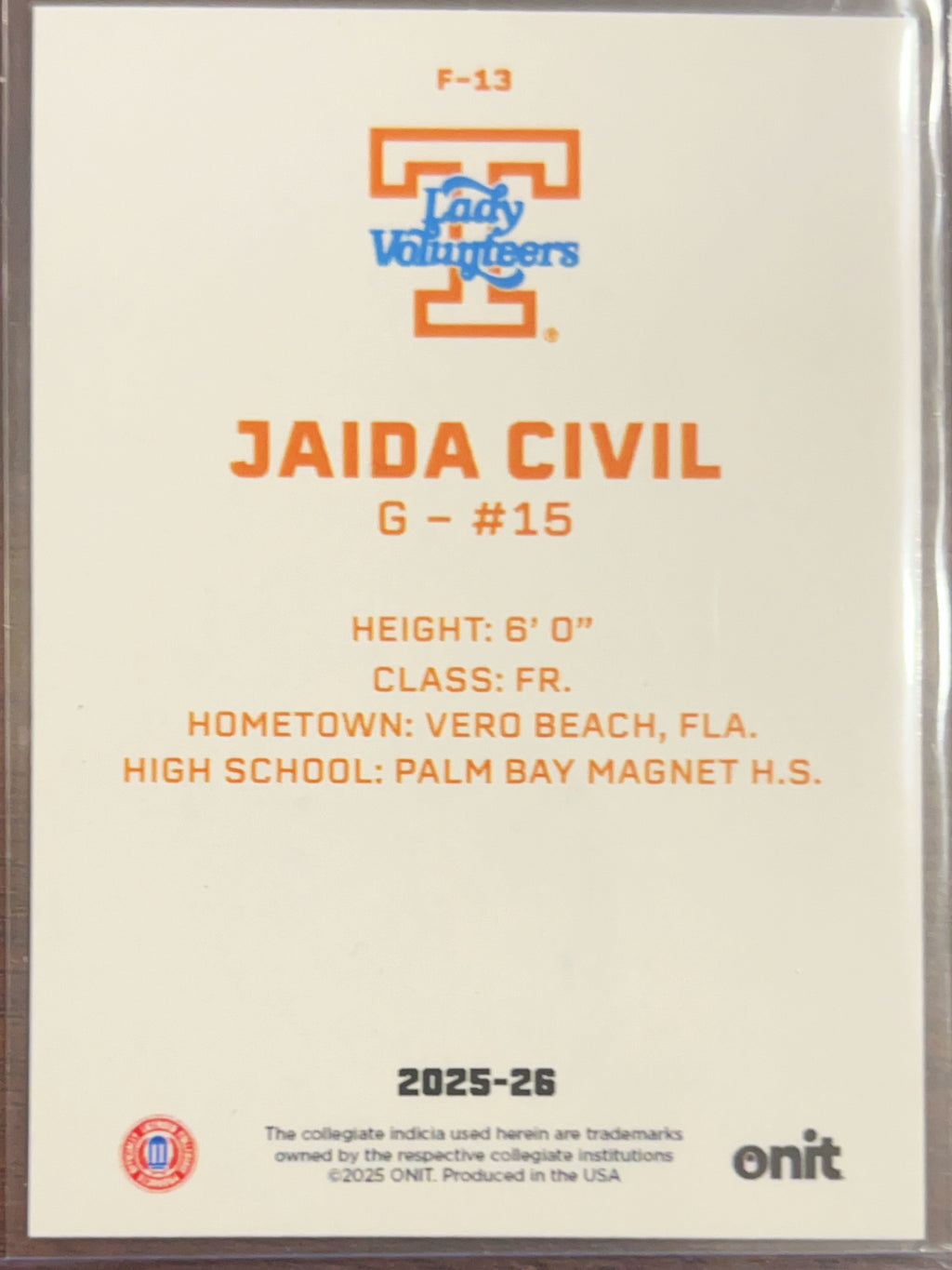 2025 ONIT Tennessee Lady Volunteers Jaida Civil #F-13