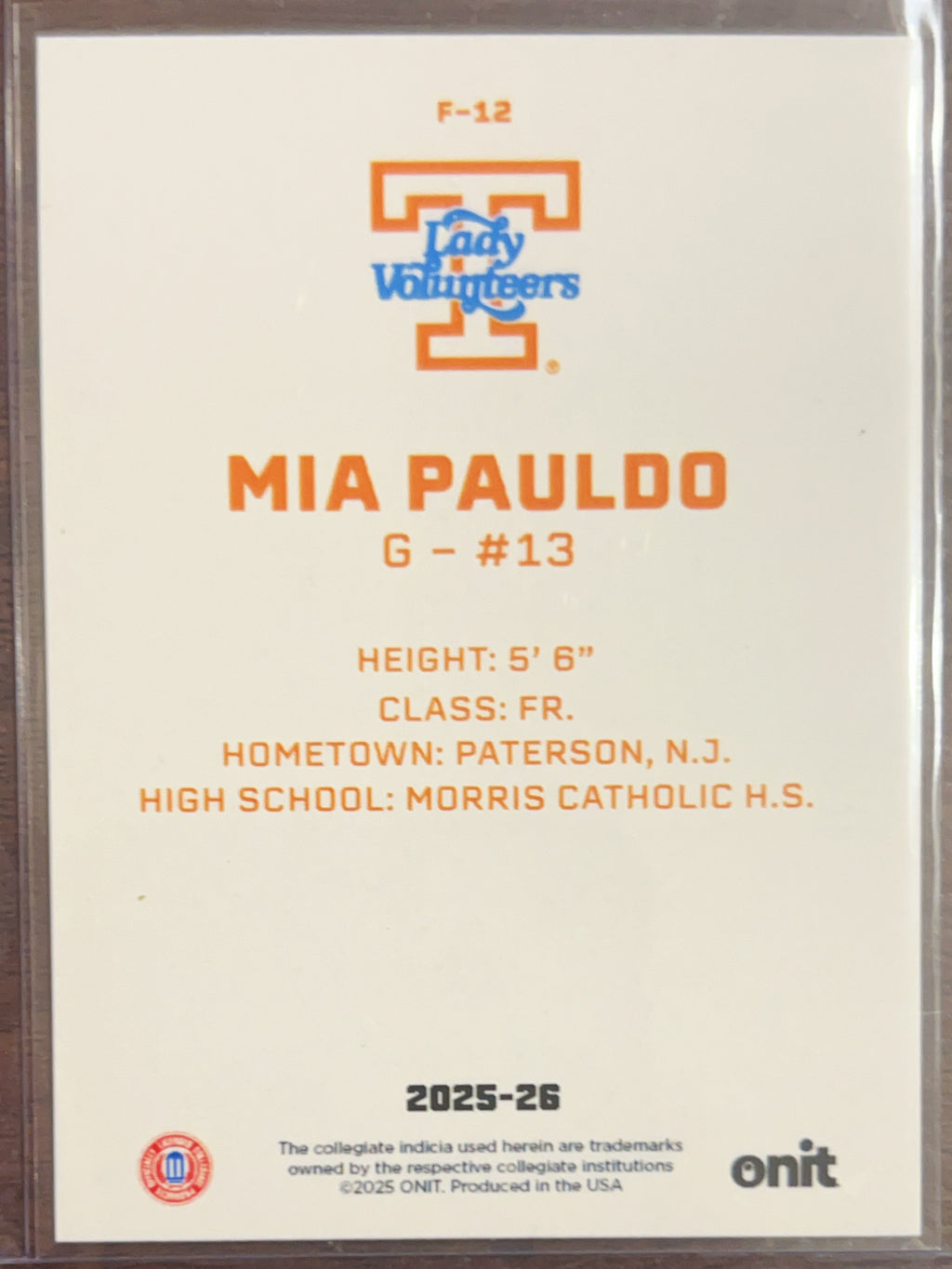 2025 ONIT Tennessee Lady Volunteers Mia Pauldo #F-12