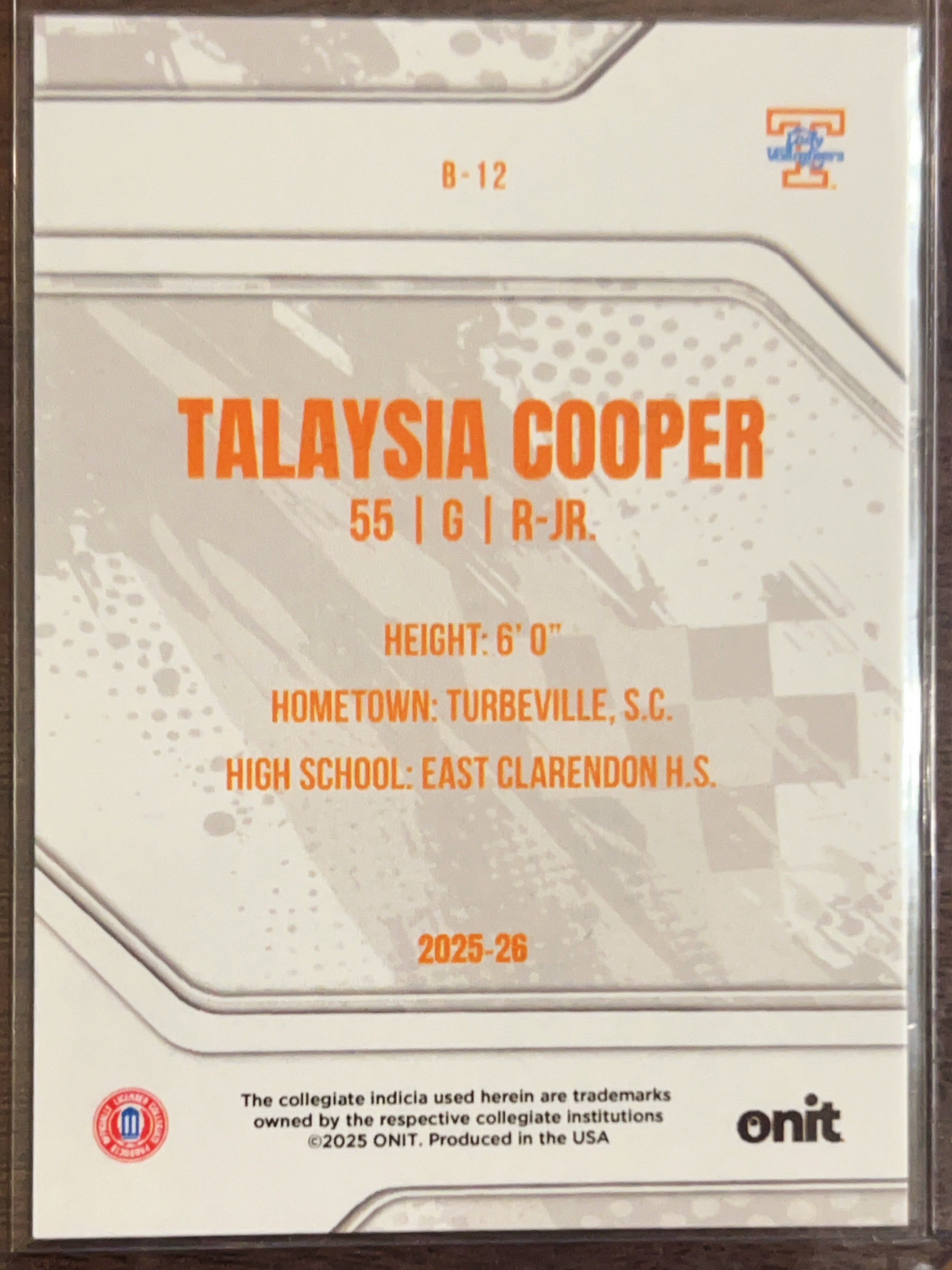 2025 ONIT Tennessee Lady Volunteers Talaysia Cooper #B-12 Purple Sparkle
