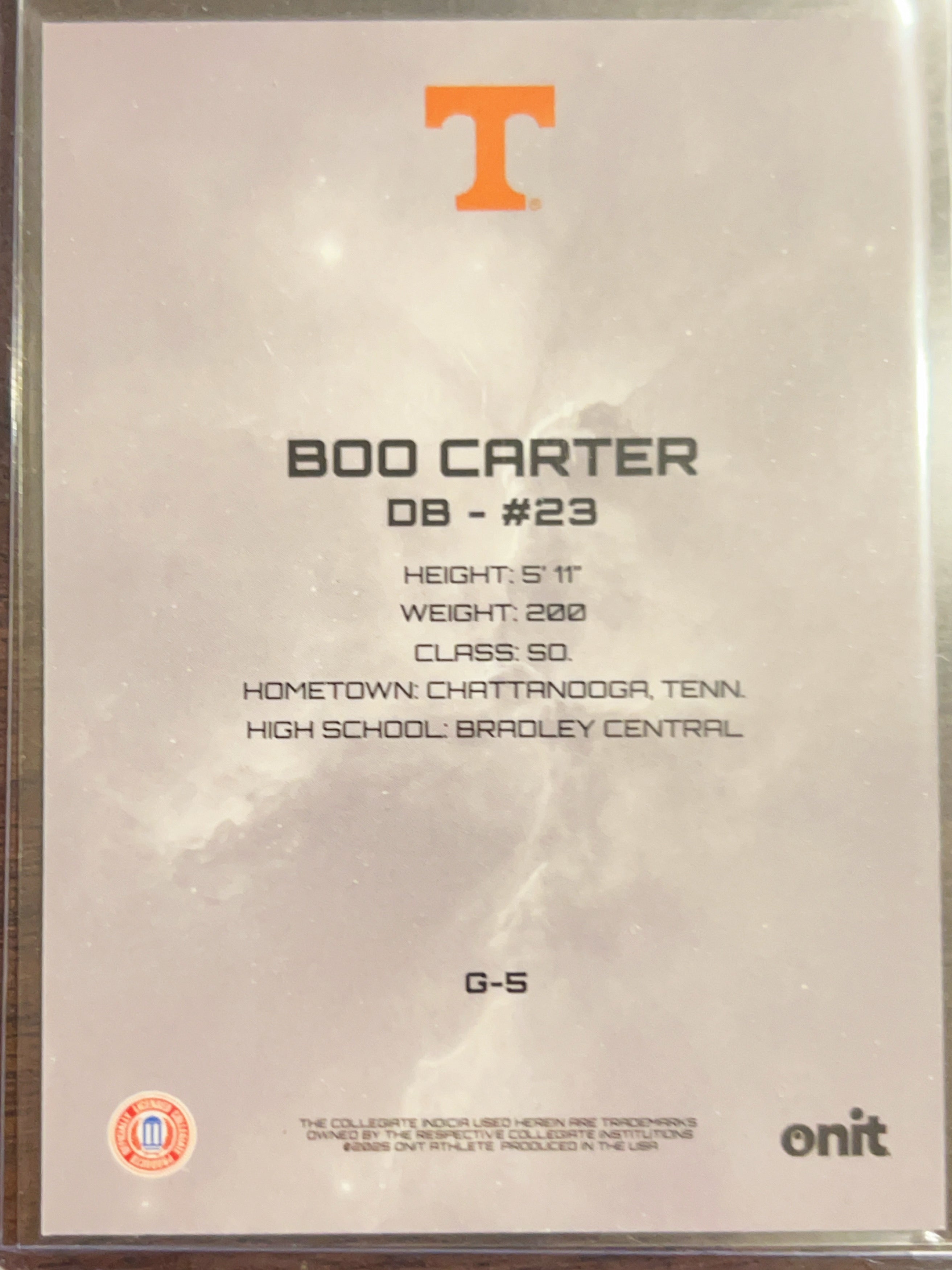 2023 Onit Tennessee Volunteers Boo Carter #G-5 Galaxy