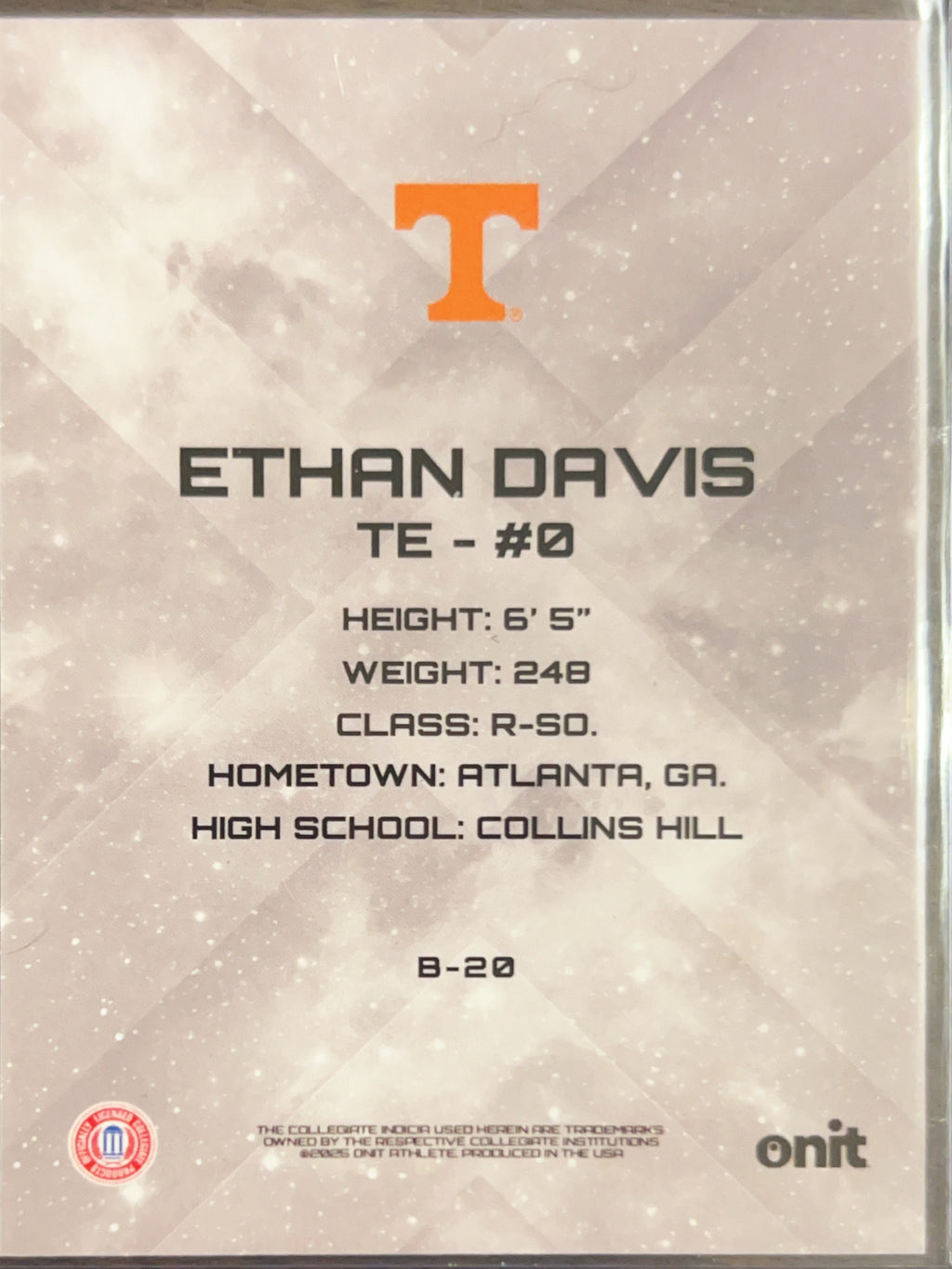 2023 Onit Tennessee Volunteers Ethan Davis #B-20 Blue Sparkle