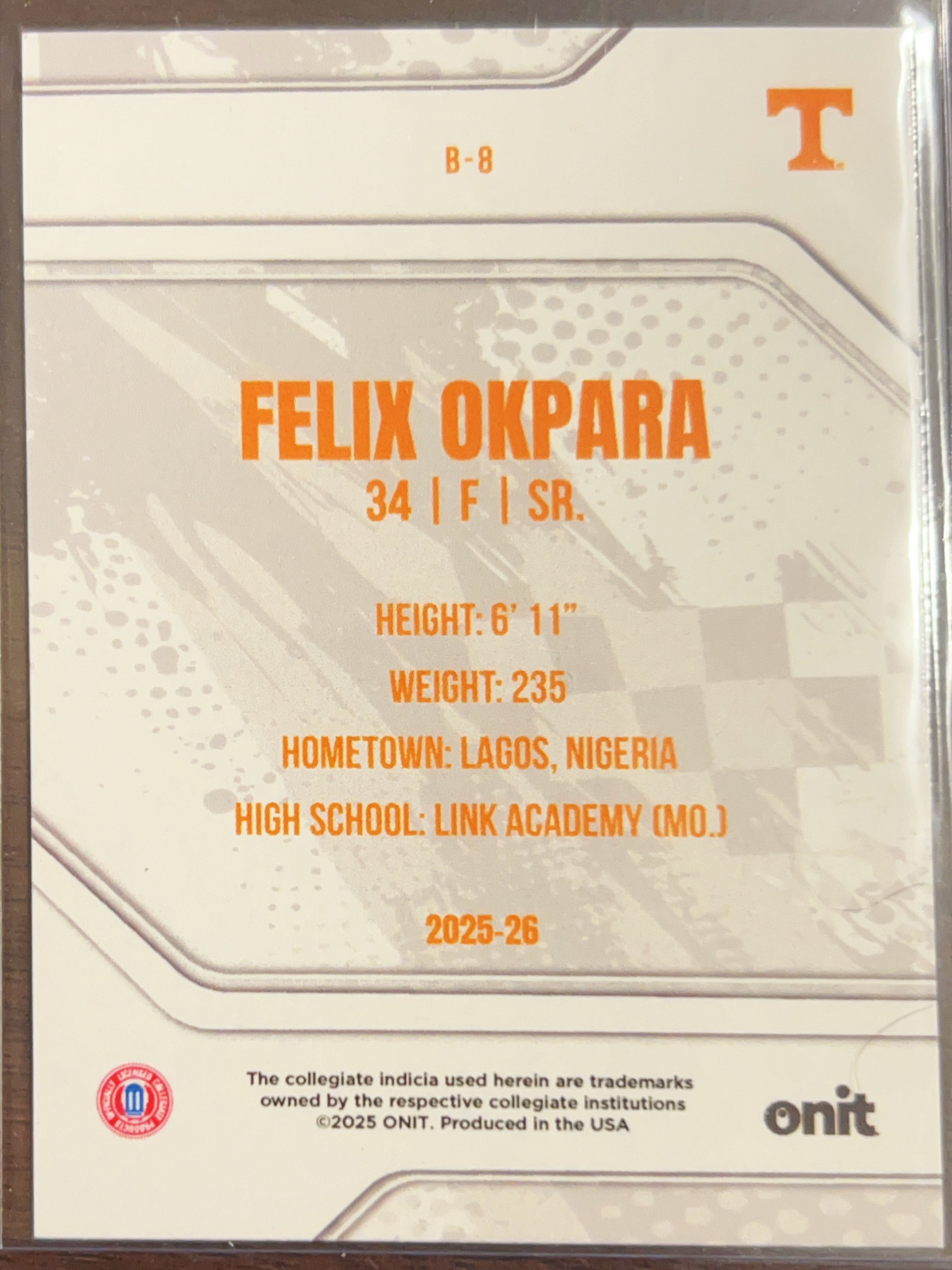 2025 ONIT Felix Okpara #B-8 Orange Sparkle /49