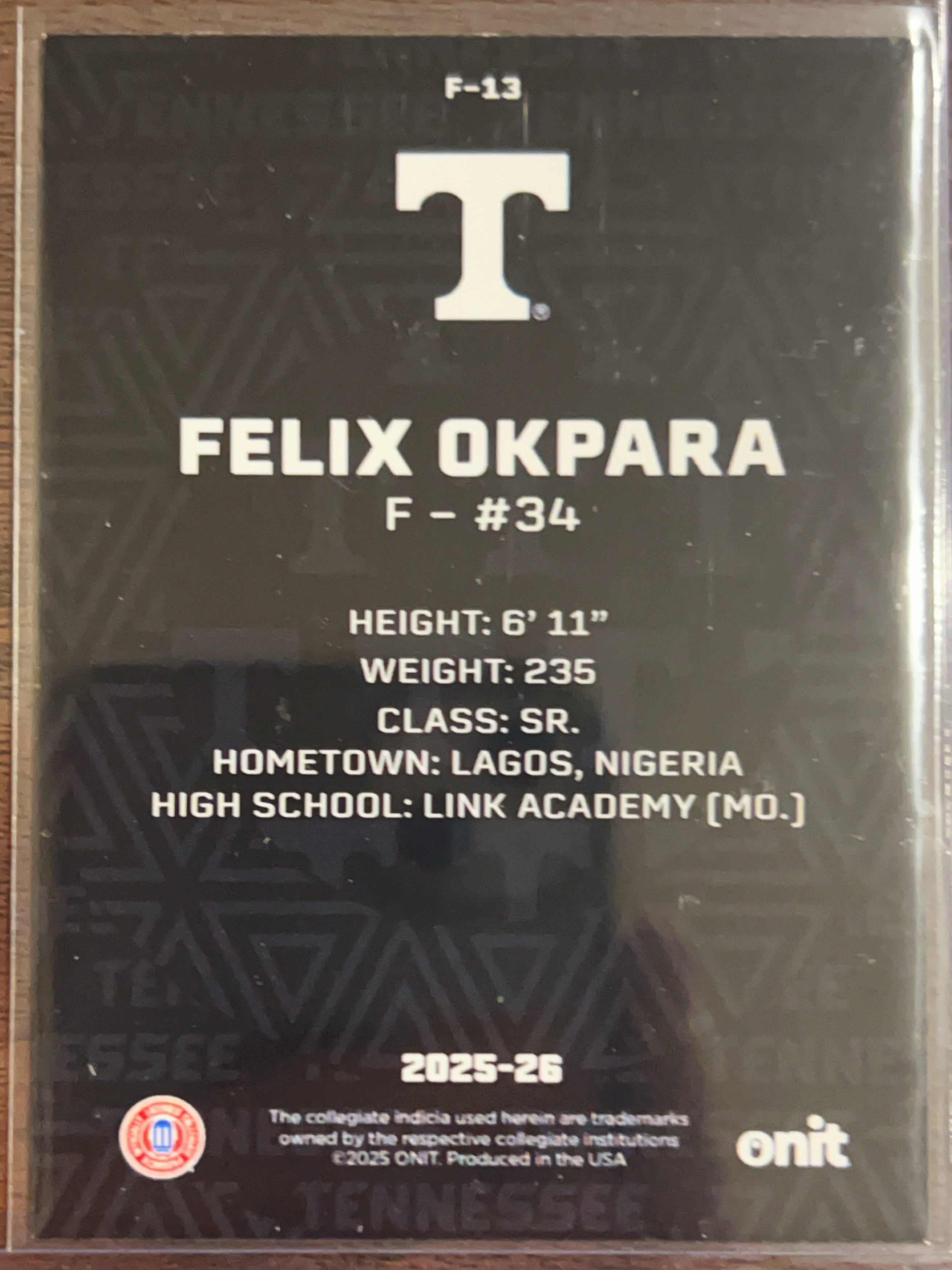 2025 ONIT Tennessee Basketball Felix Okpara #F-13