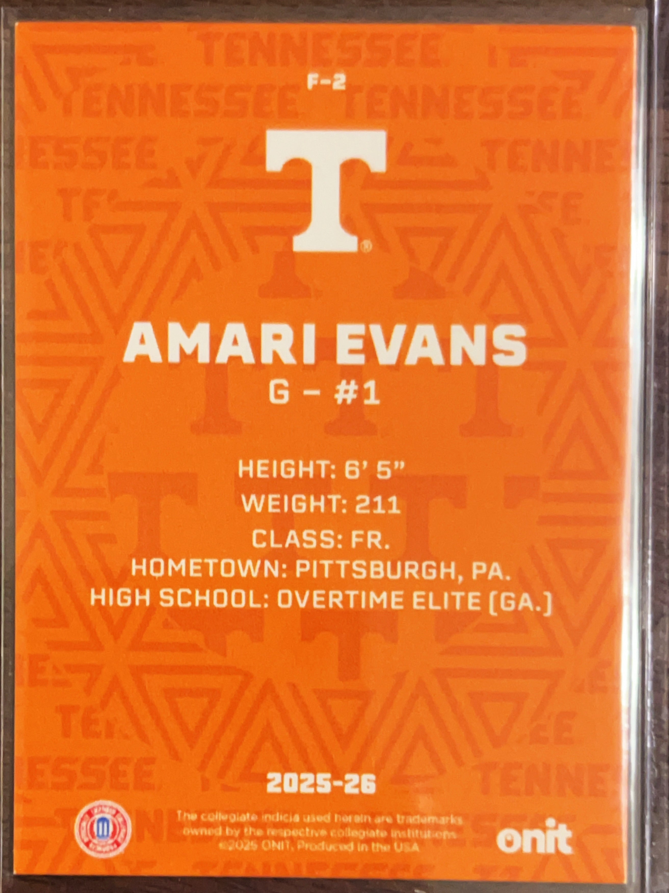 2025 ONIT Tennessee Basketball Amari Evans #F-2 Orange Shimmer