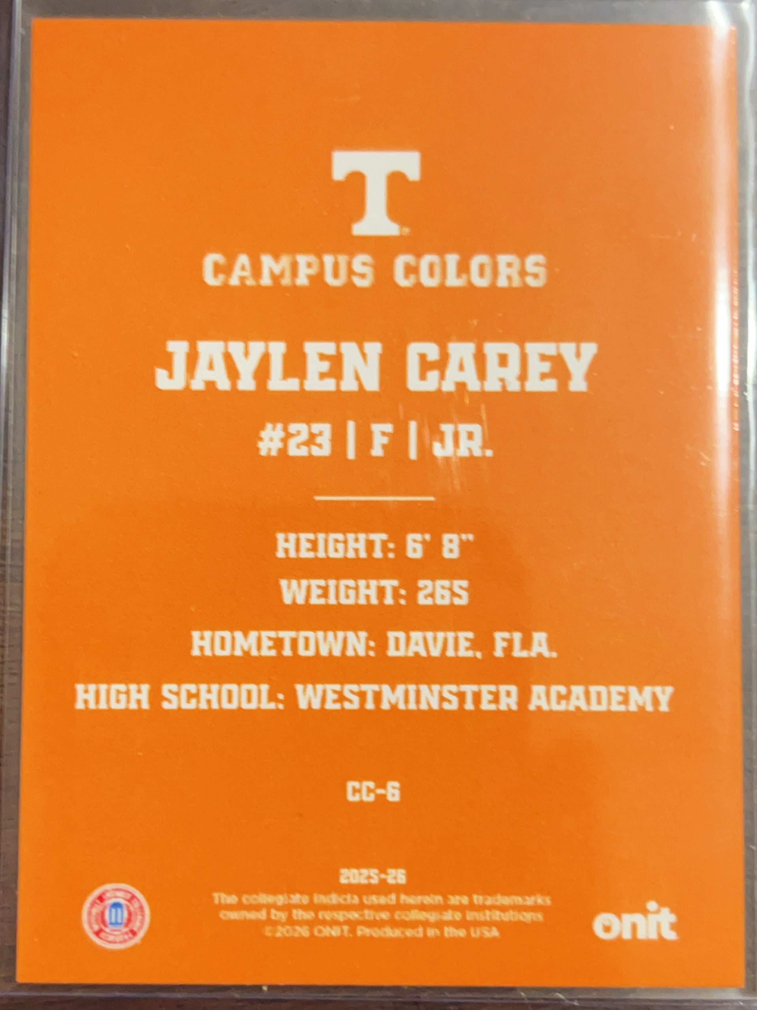 2025 ONIT Campus Colors Jaylen Carey #CC-6 Orange Shimmer