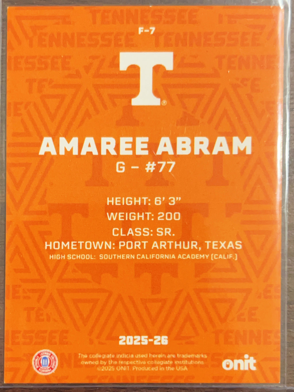 2025 ONIT Tennessee Basketball Amaree Abram #F-7 Orange Shimmer