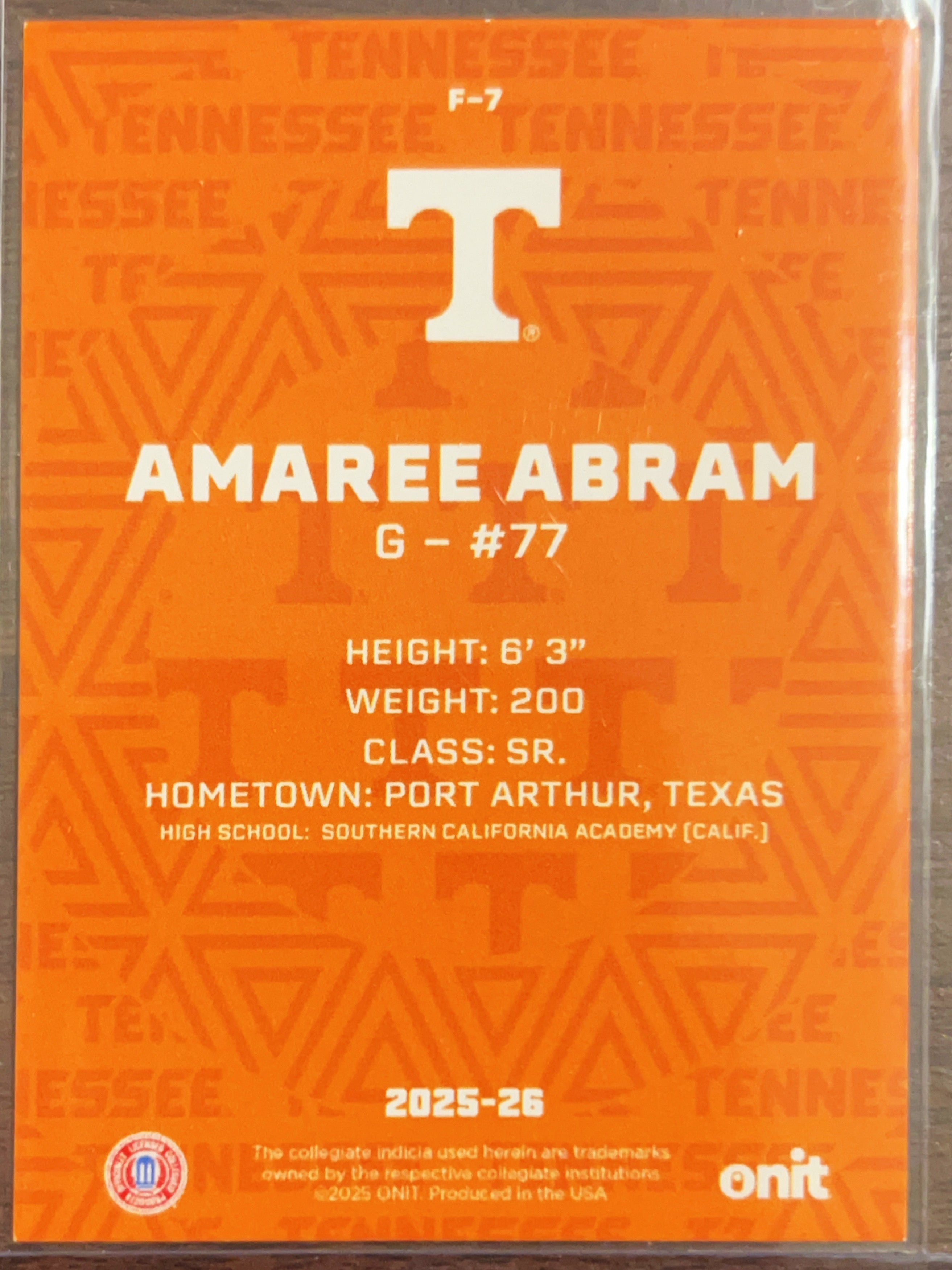 2025 ONIT Tennessee Basketball Amaree Abram #F-7 Orange Shimmer
