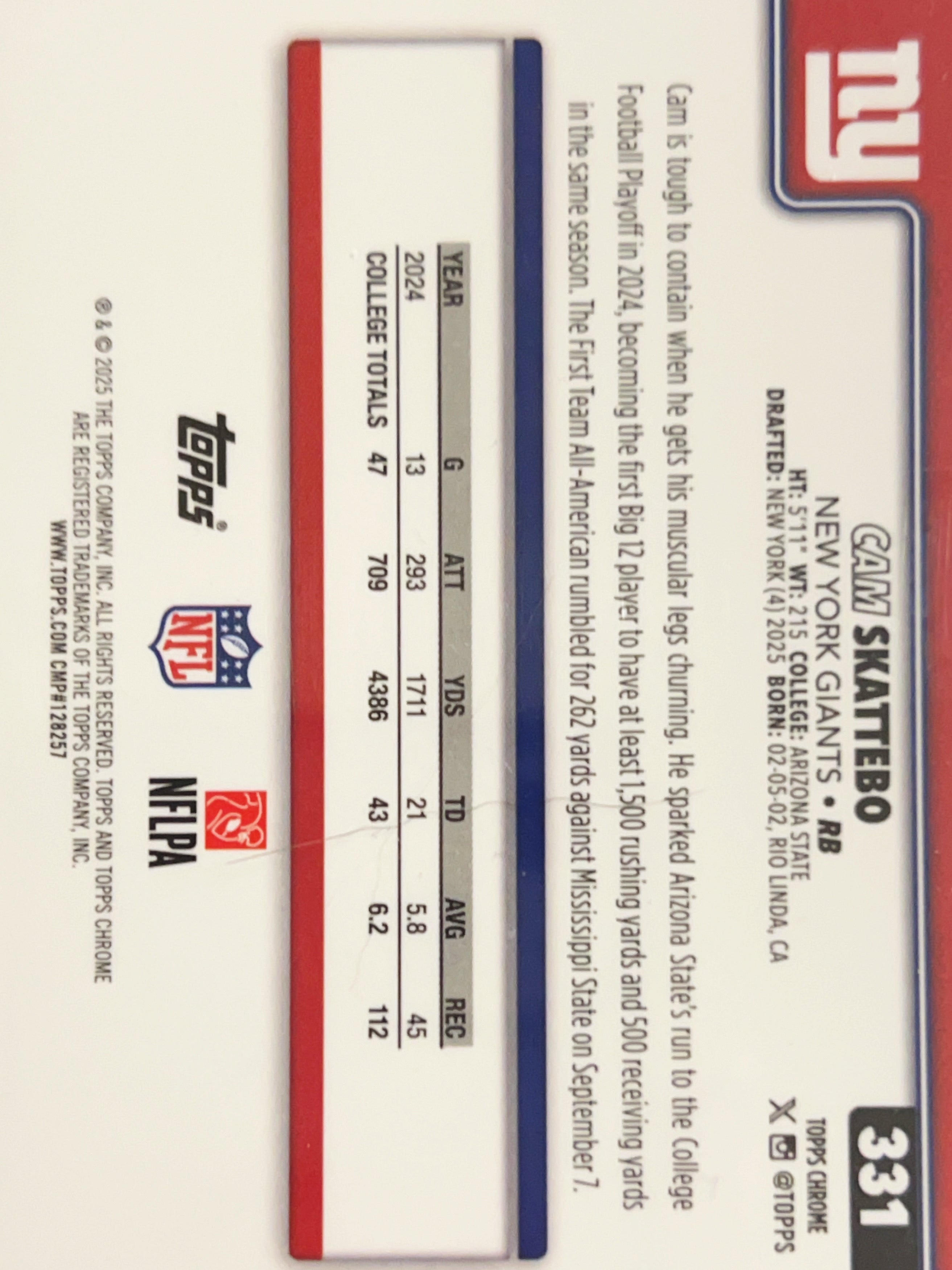2025 Topps Chrome Cam Skattebo #331 RC
