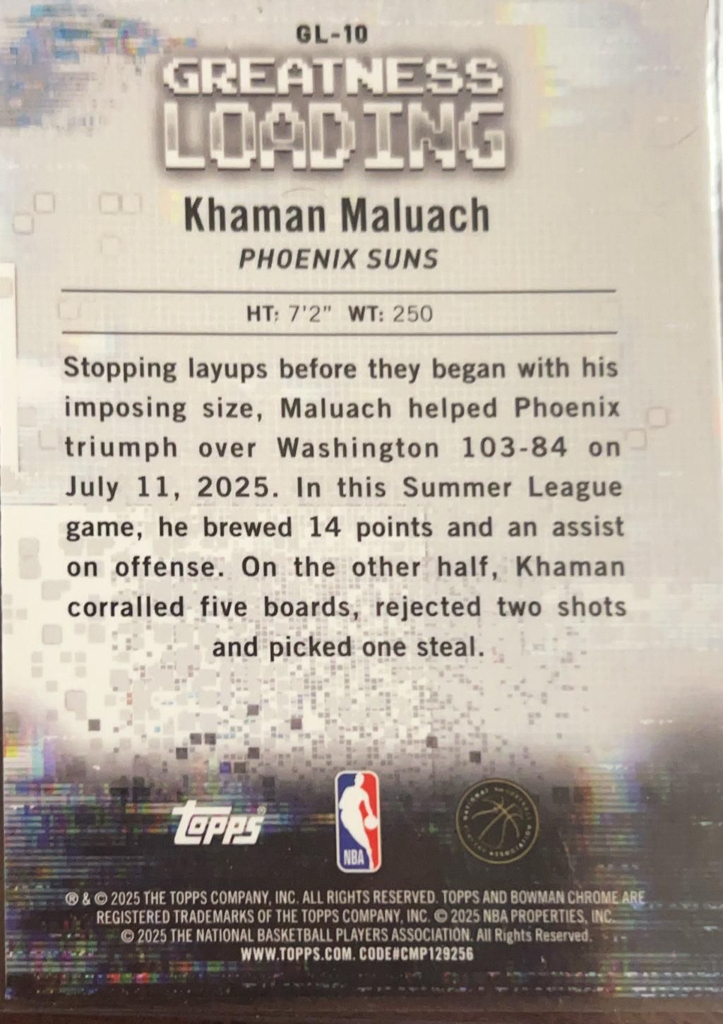 2025 Topps Bowman Chrome Greatness Loading Khaman Maluach #GL-10 RC